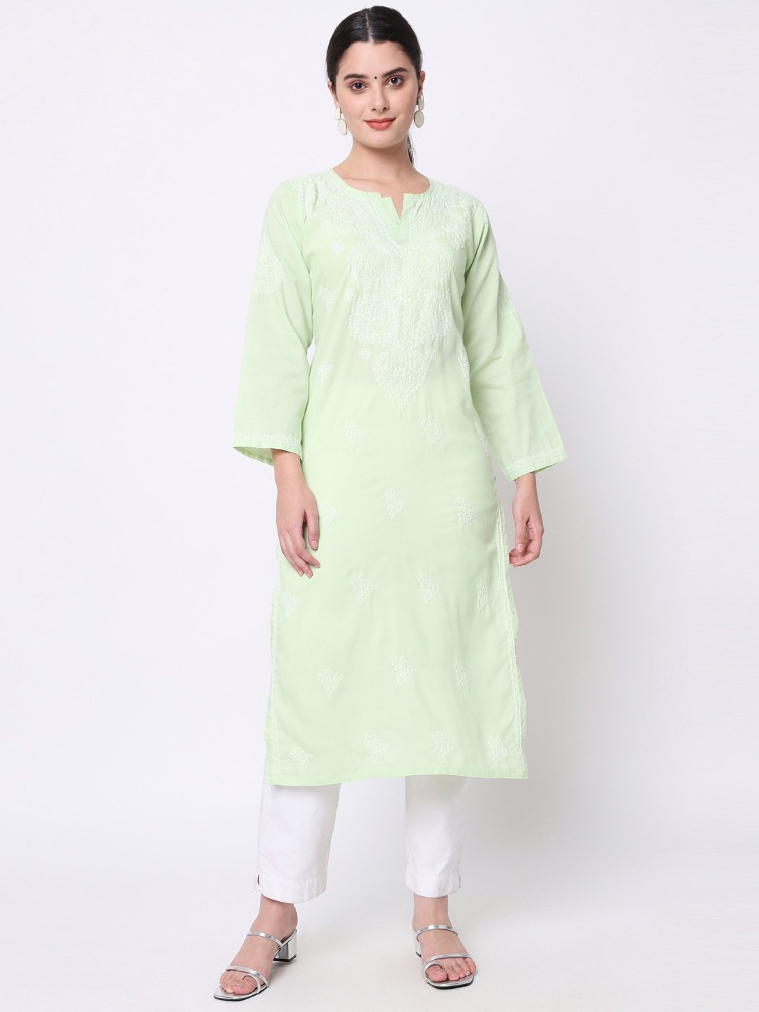 PARAMOUNT CHIKAN Green Cotton Chikankari Straight Kurta