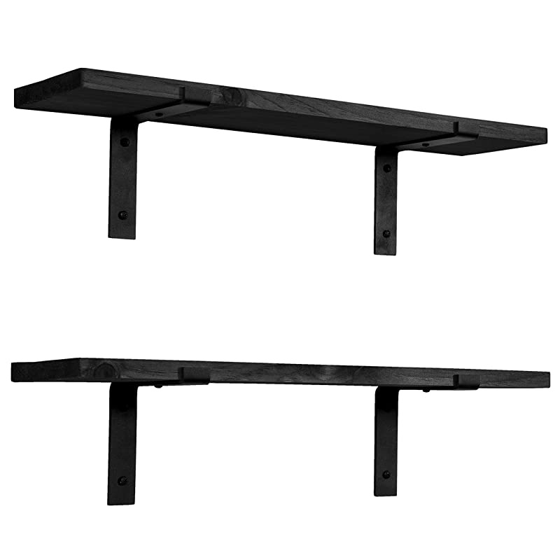 Rustic Wood Floating Shelves Wall Mounted Storage Shelf with L Brackets USA Handmade| Set of 2 Black 24 x 55