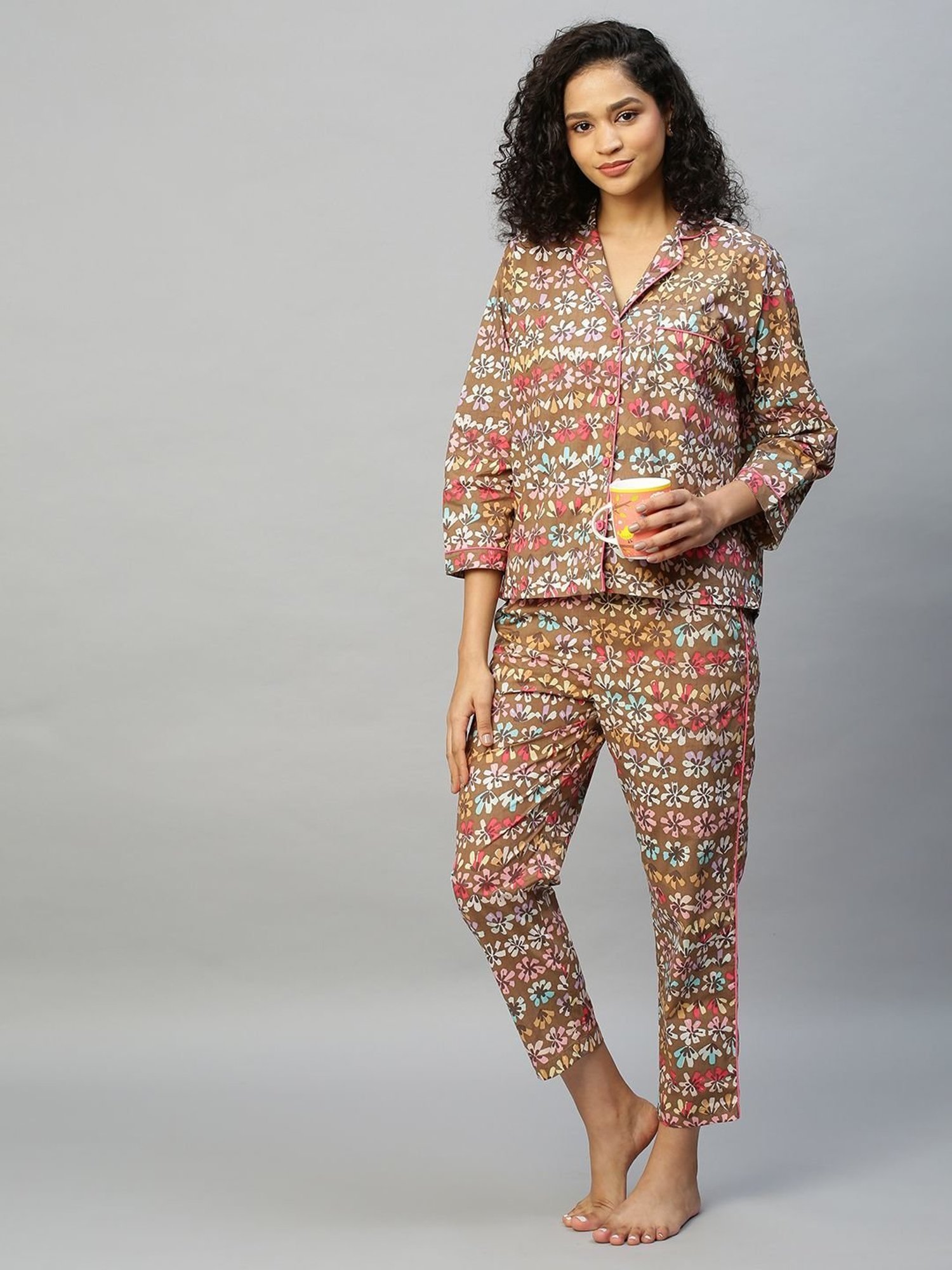 Chemistry Multicolor Cotton Floral Print Shirt With Pyjamas