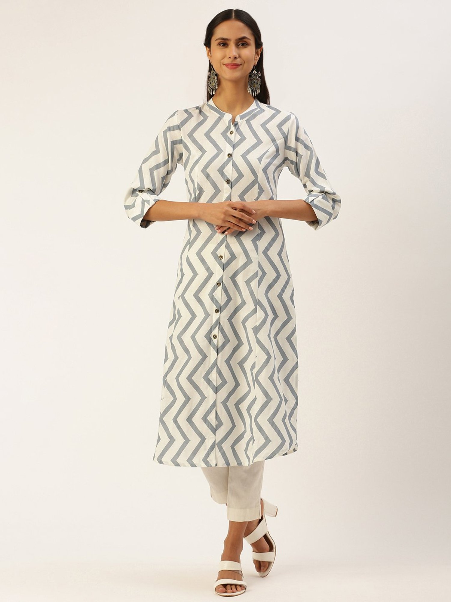 Amukti Beige Floral Print A-Line Kurta