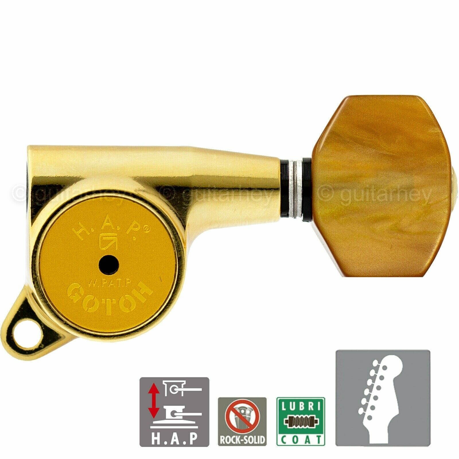 NEW Gotoh SG381-P8 HAP 6 in line Adjustable Tuners Set AMBER Buttons - GOLD