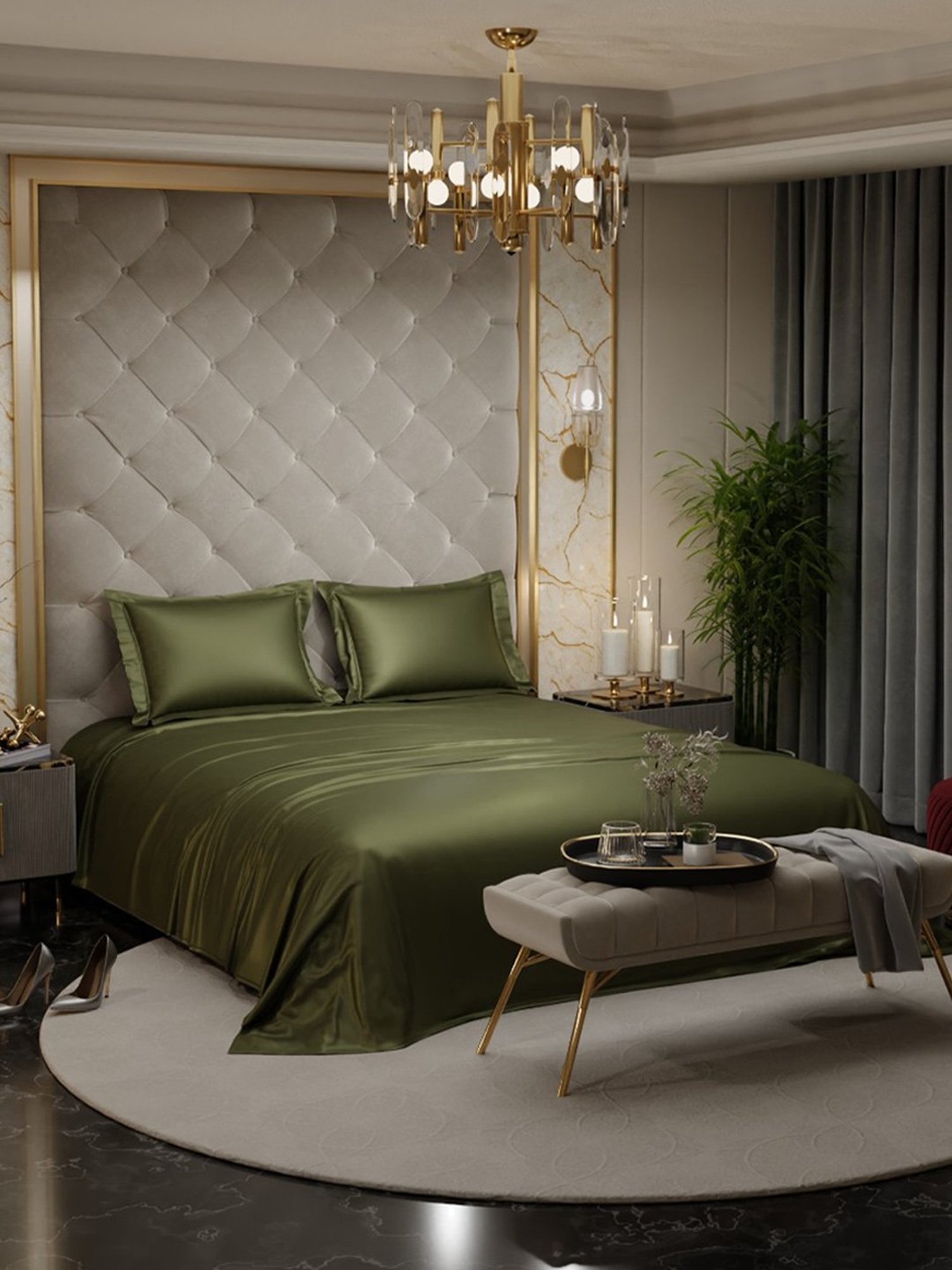 Stoa Paris Date Night Collection Olive Oasis Polyester 300 TC Double Bed Sheet With 2 Pillow Covers