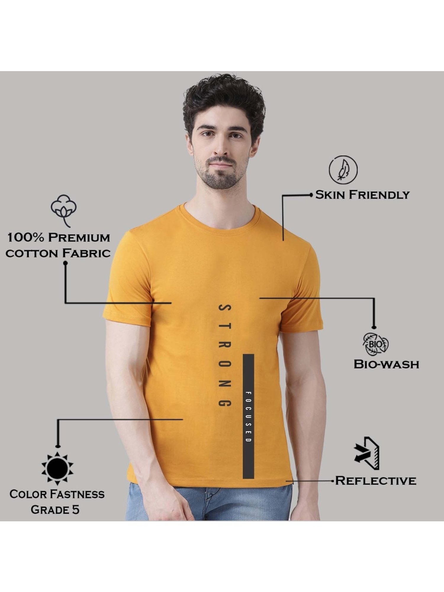 Friskers Mustard Cotton Slim Fit Printed T-Shirt