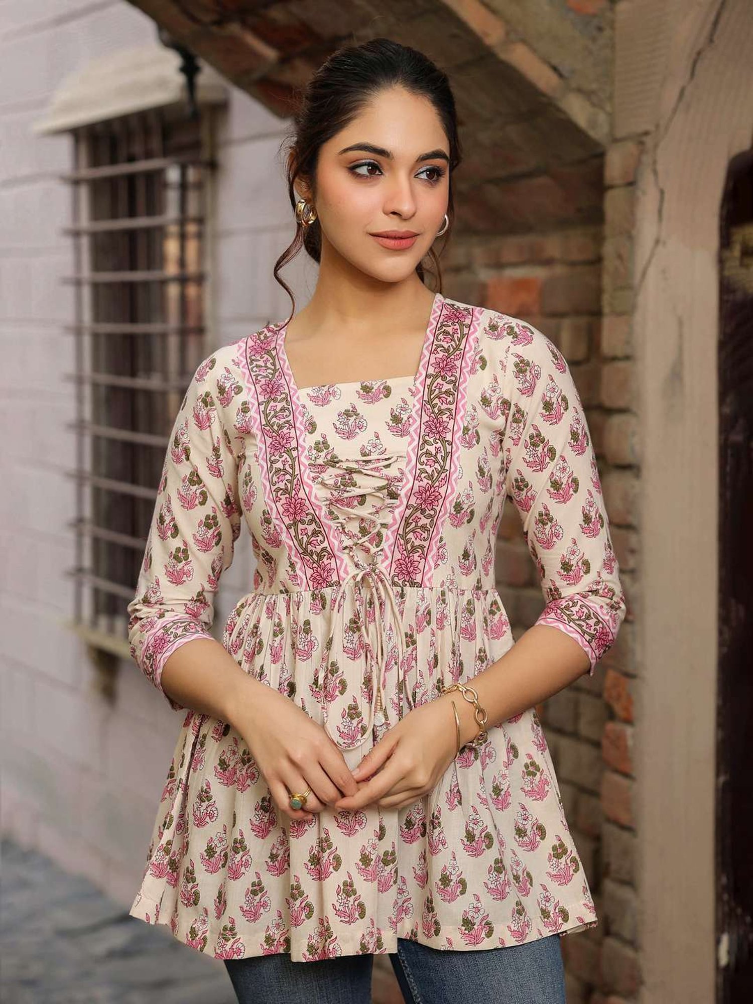 Rain and Rainbow Cream & Pink Cotton Floral Print Top