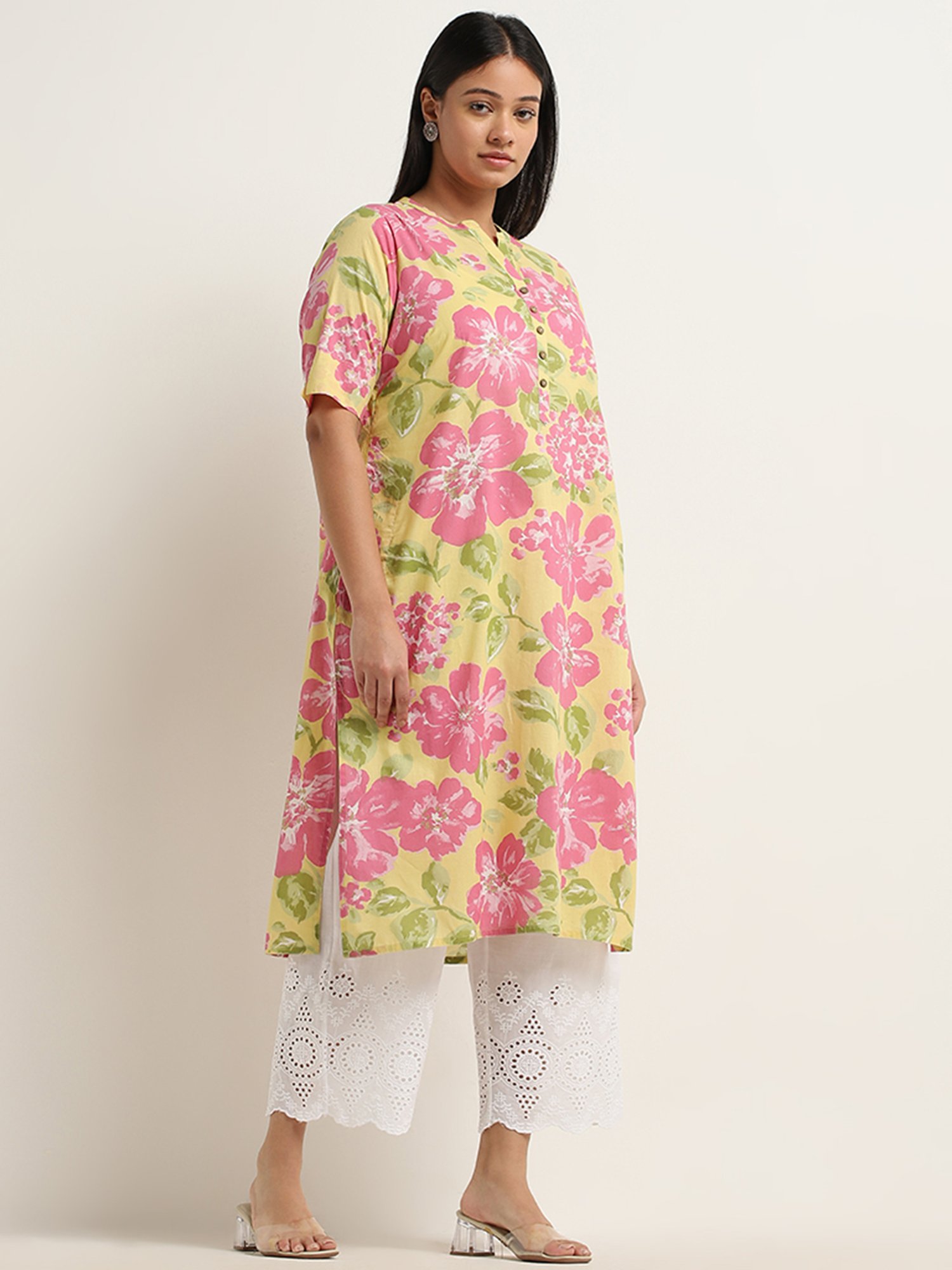 Diza by Westside Yellow Floral Printed Straight Cotton Kurta