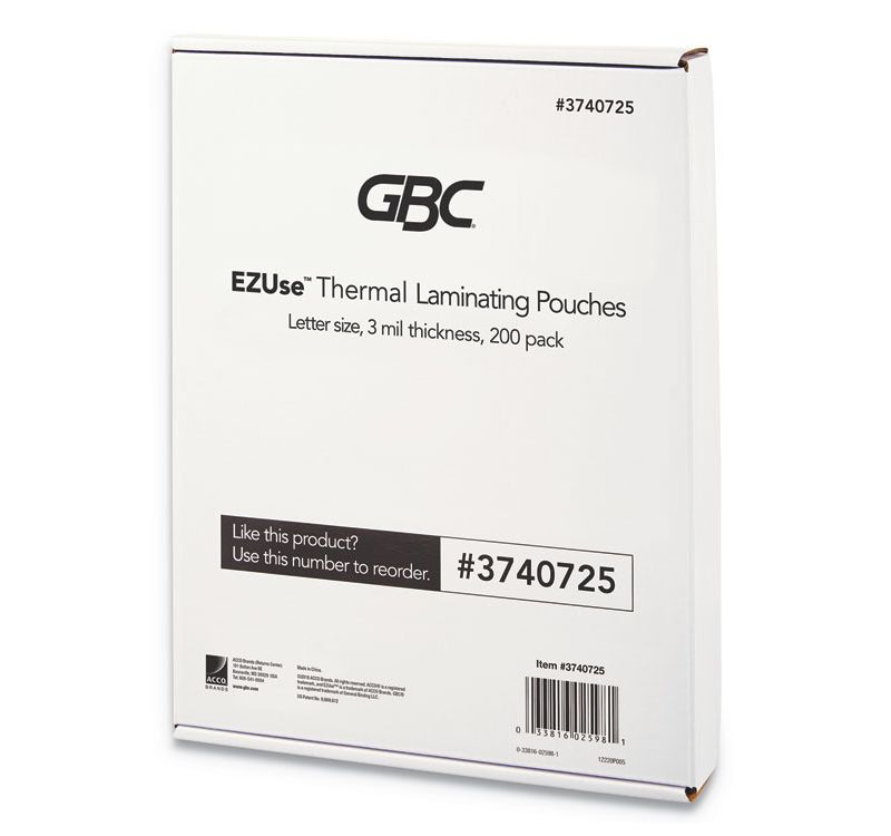 GBC(R) EZUse Thermal Laminating Pouches  3 mil  8 1/2" x 11"  Clear  Glossy  200/Pack 3740725