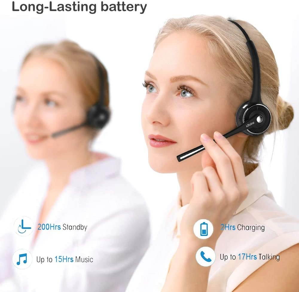 Trucker Bluetooth Headset Wireless Headset with MicrophoneCharging StationNoise Cancelling Hands Free Phone Headset for Truck Driver Call Center Office PC Skype