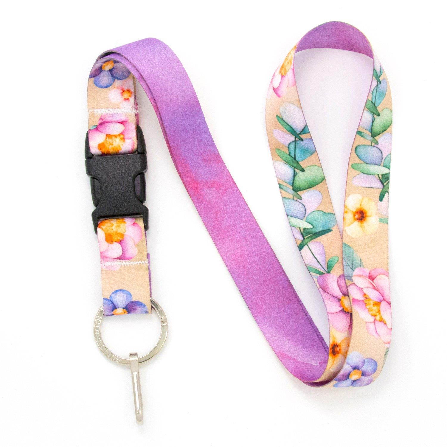Buttonsmith Watercolor Flowers Premium Lanyard with Buckle and Flat Ring - Made in The USA