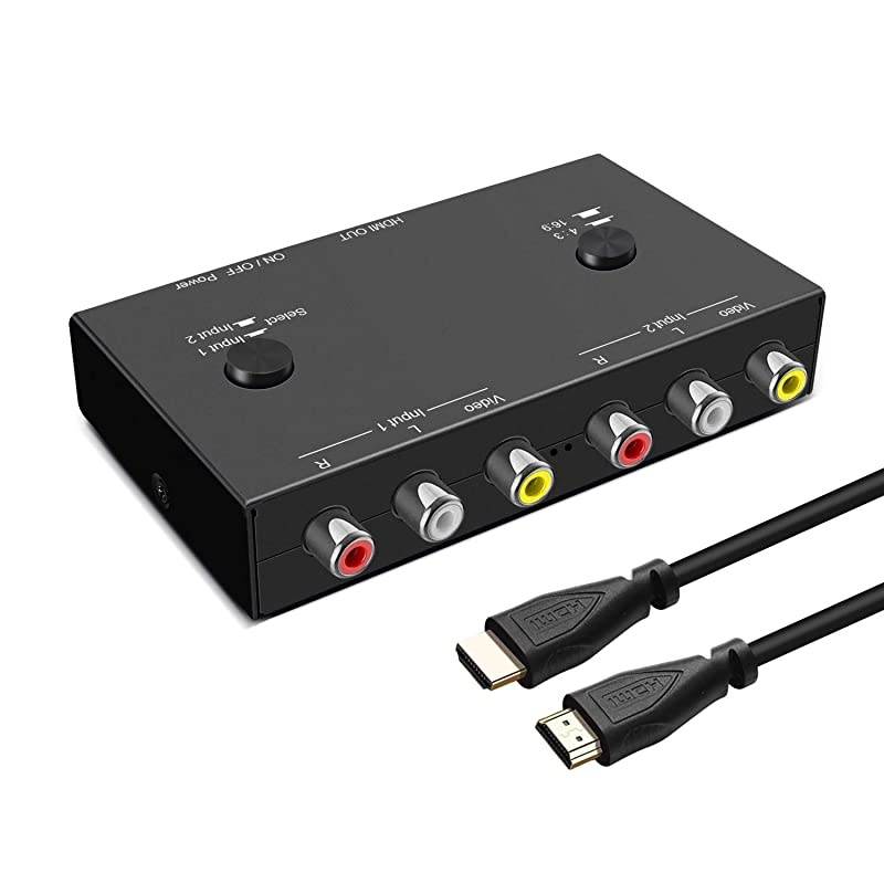Port AV to HDMI Converter Dual AV to HDMI Adapter RCA to HDMI Adapter Support 16:9/4:3 Compatible with WII, N64, PS, VHS, VCR DVD Players etc(Port AV Input 1 HDMI Output)
