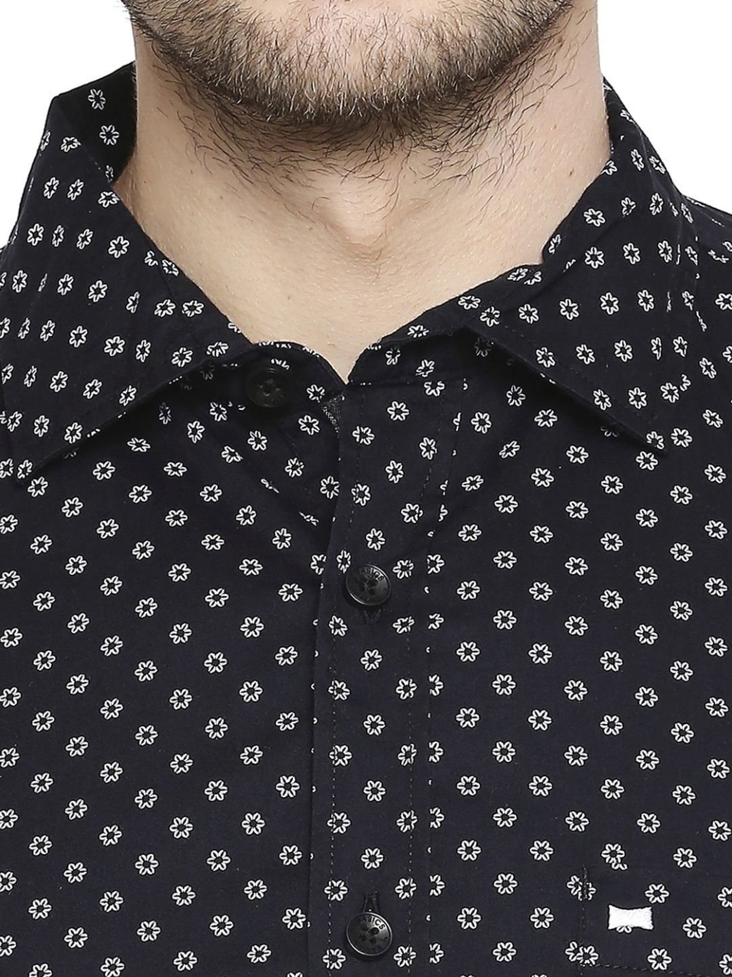 Basics Black Cotton Slim Fit Printed Shirt