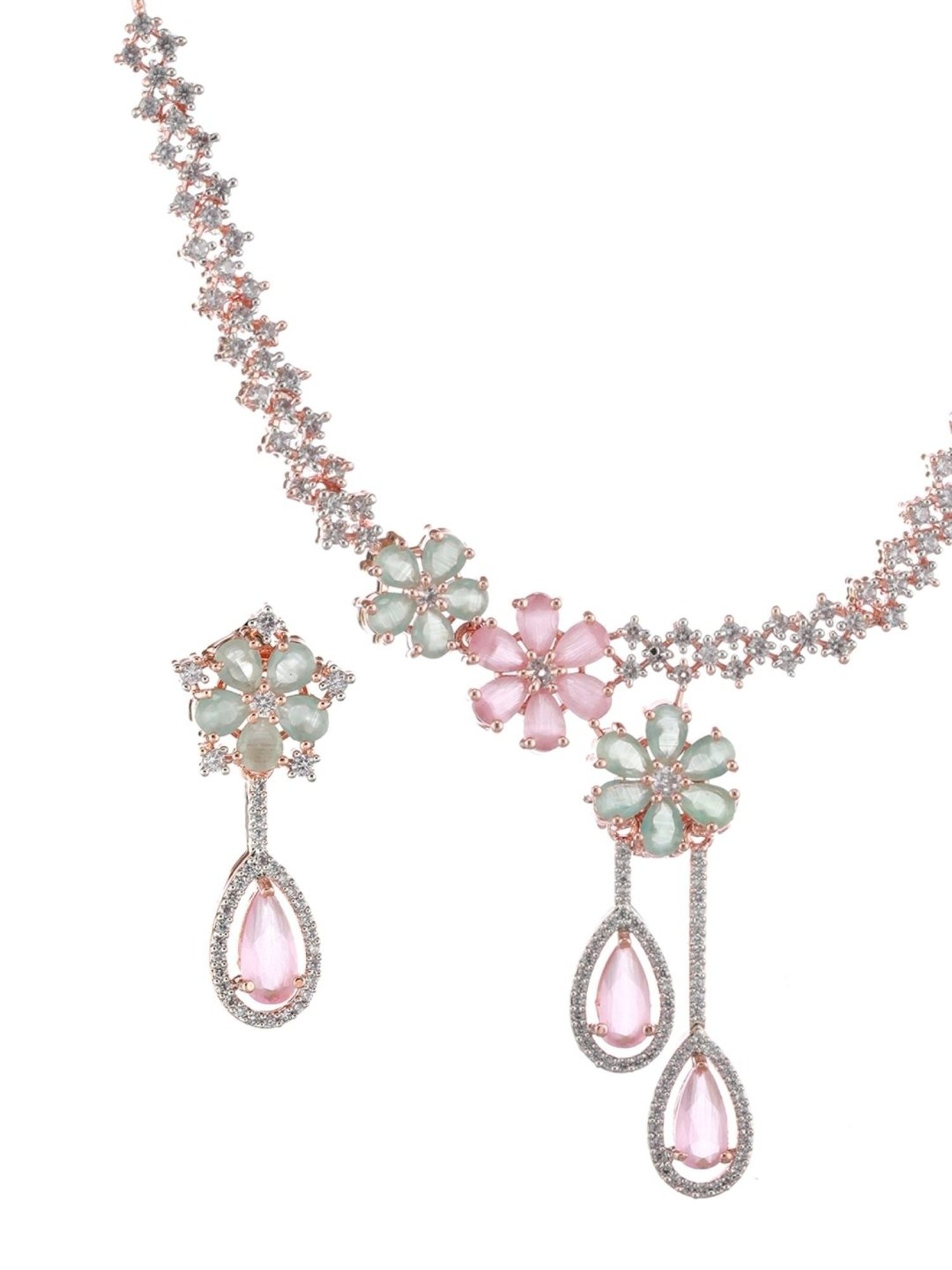 Aatmana Rose Gold-Plated Multi AD Studded Necklace & Earring Set