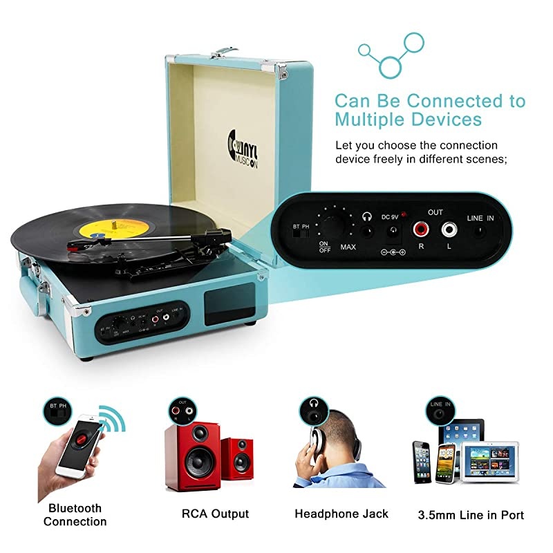 Bluetooth Turntable with Stereo Speakers3 Speed Vinyl Record Player Supporting Wireless Connection Blue