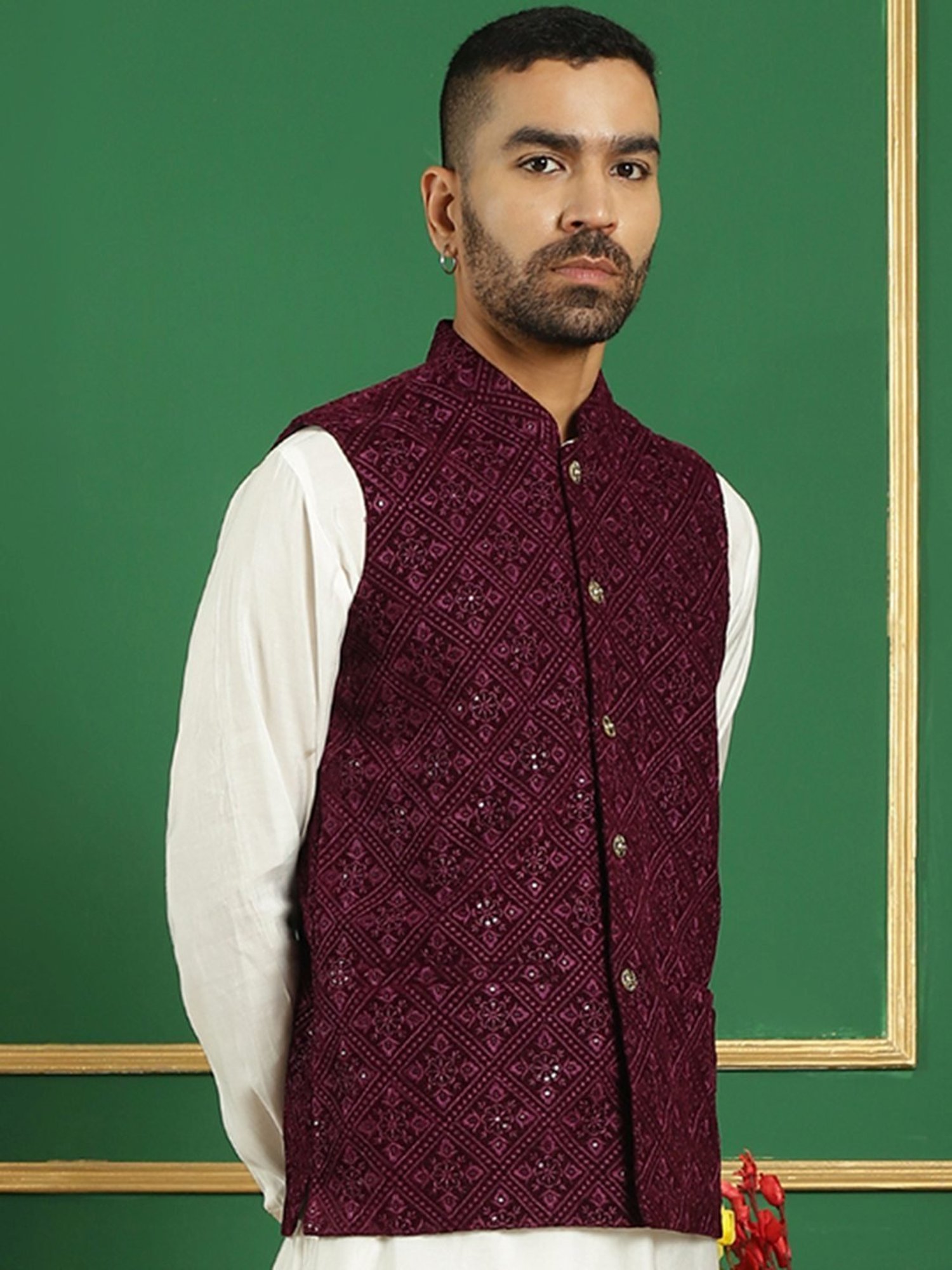 Jompers Purple Regular Fit Embroidered Nehru Jacket