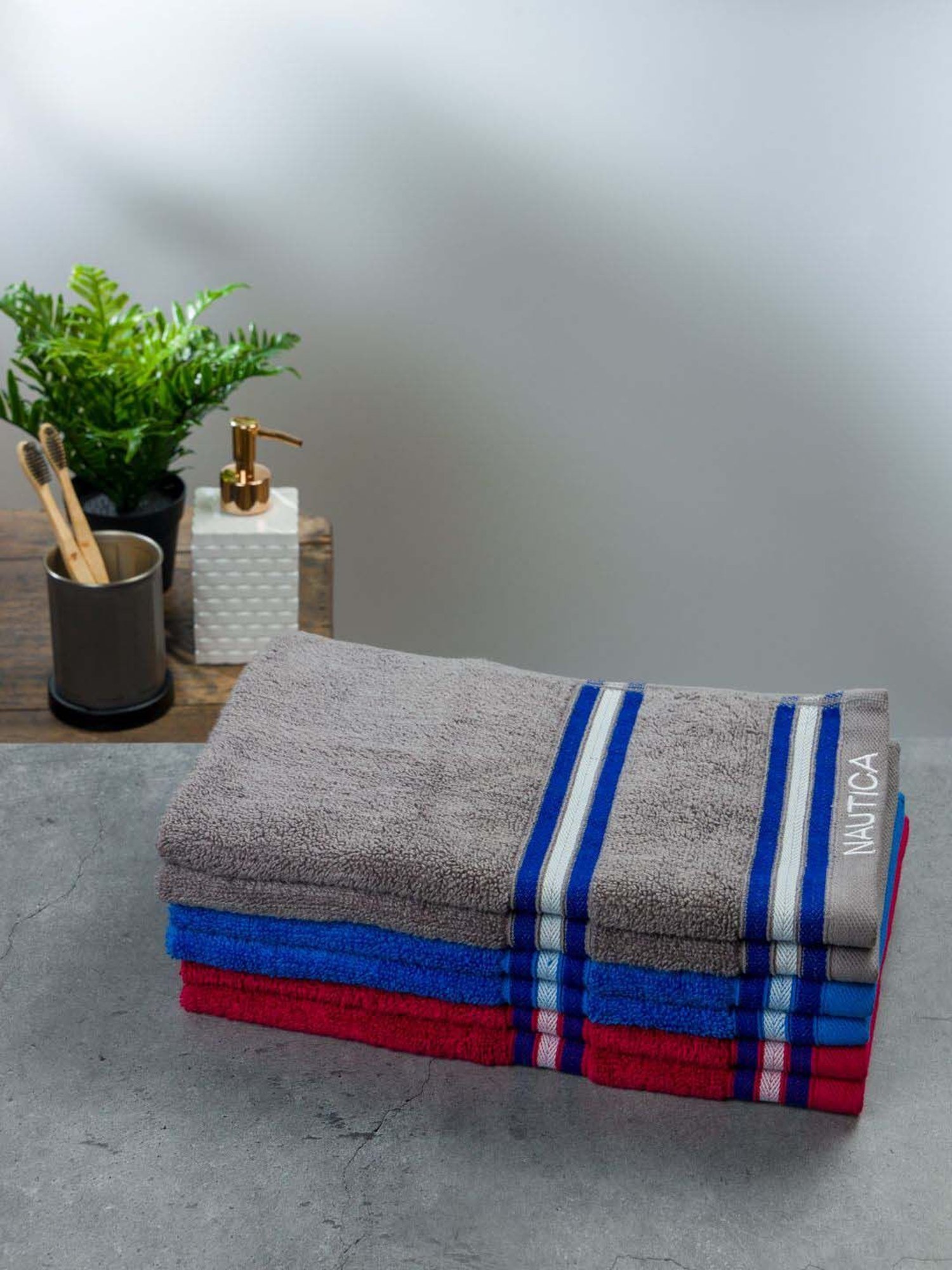 Nautica Vintage Crew Stripe Grey, Royal Blue & Burgundy Cotton 500 GSM Hand Towel - Set of 6