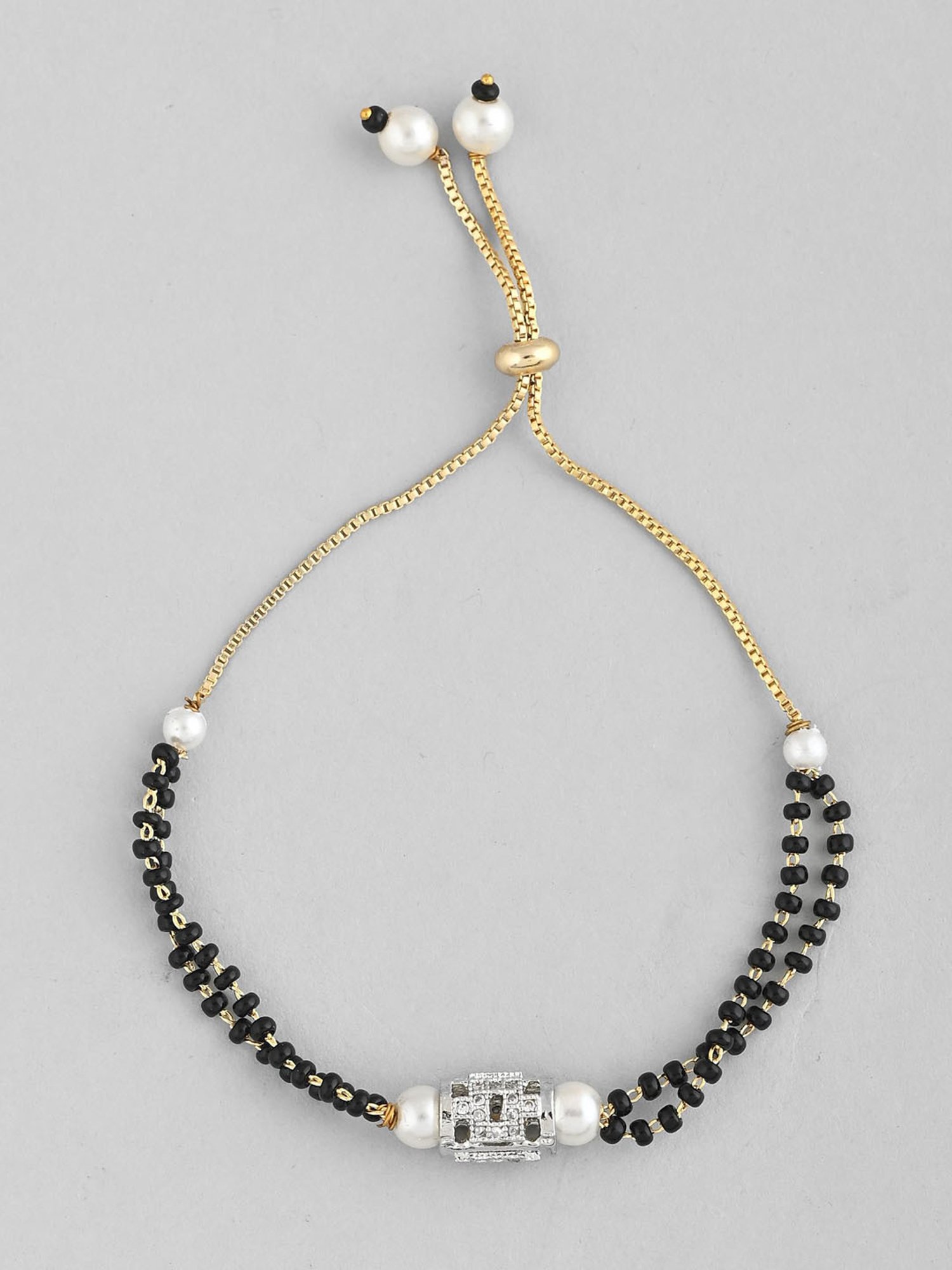 VOJ Silver Plated Ad Stone Studded Cylindrical Shaped Mangalsutra Bracelet for Women