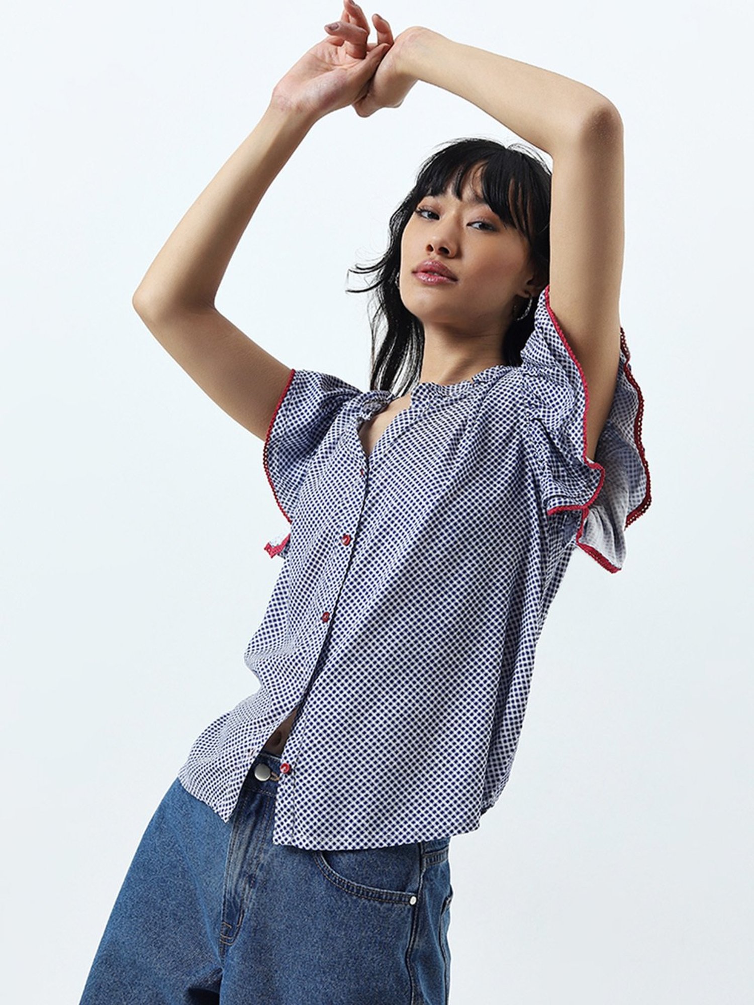 Bombay Paisley by Westside Blue Checkered Cotton Top