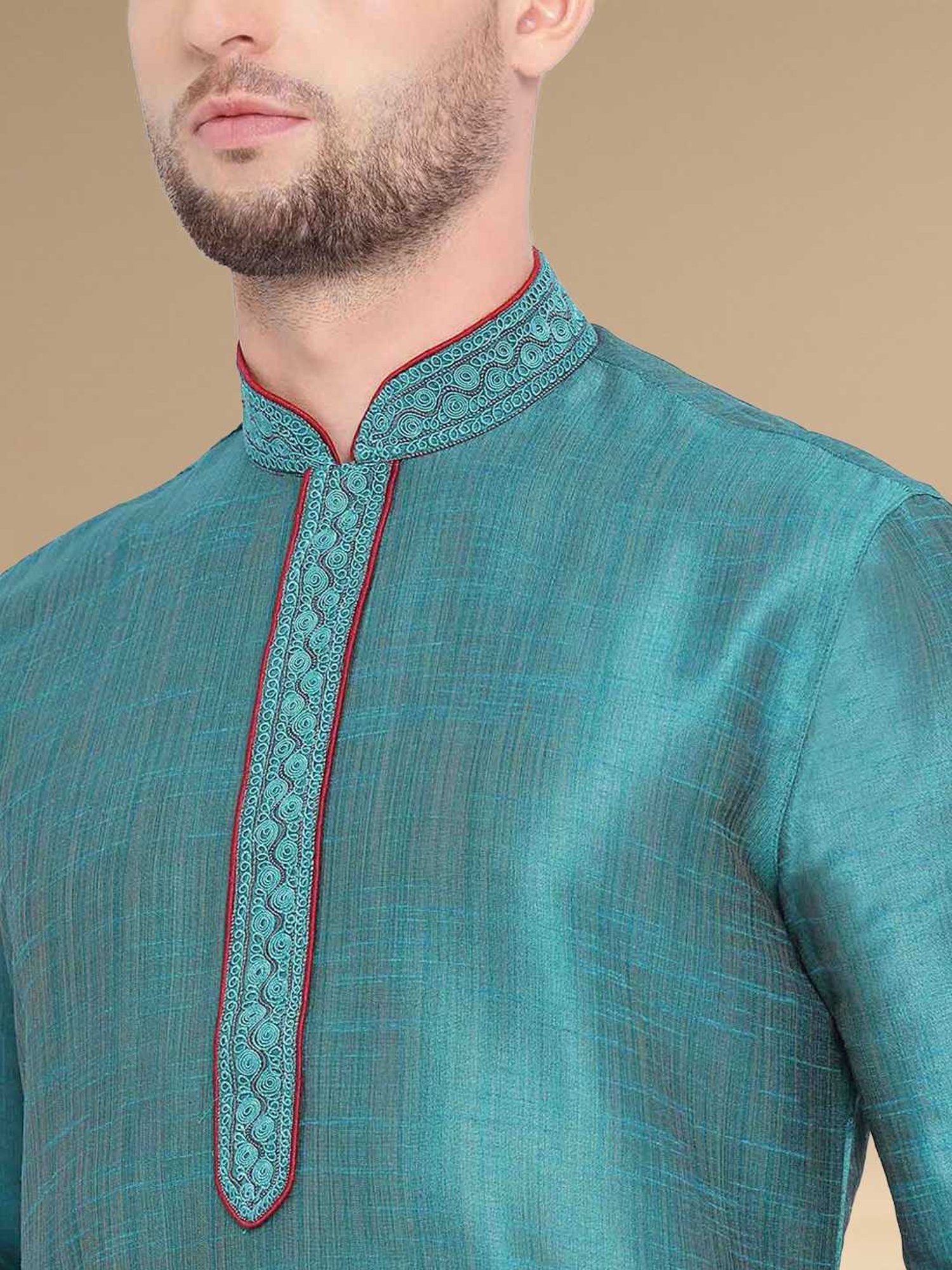 Sanwara Firozi & Red Cotton Regular Fit Texture Kurta Bottom Set