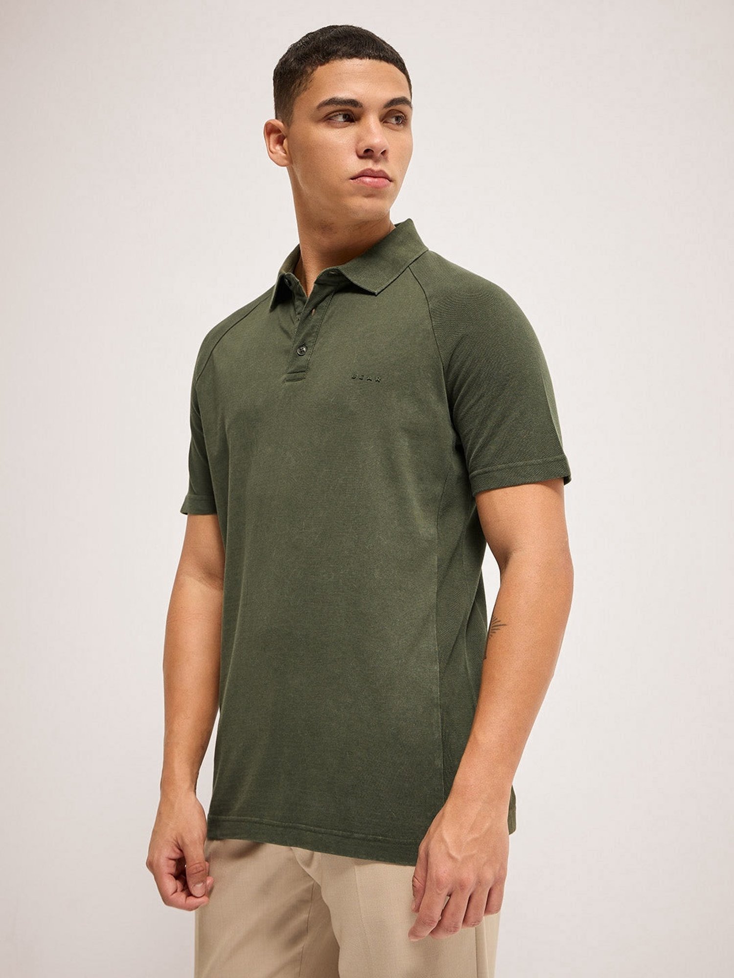 The Bear House Green Cotton Regular Fit Self Pattern Polo T-Shirt