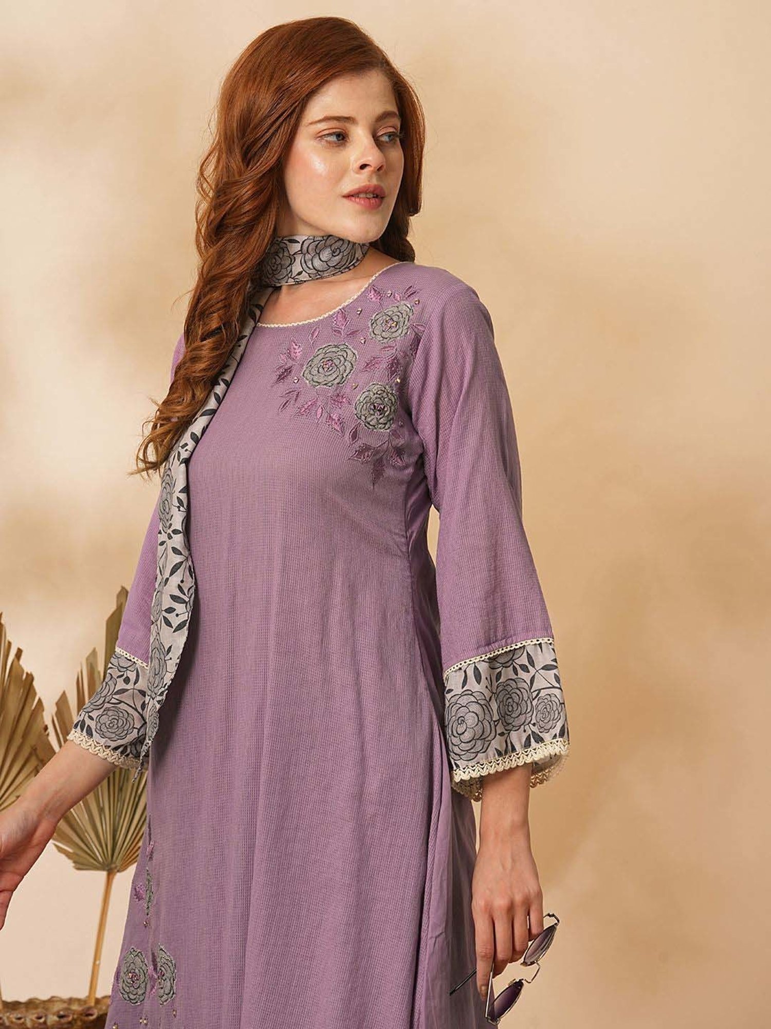 Fashor Purple Cotton Embroidered Kurta & Pant Set