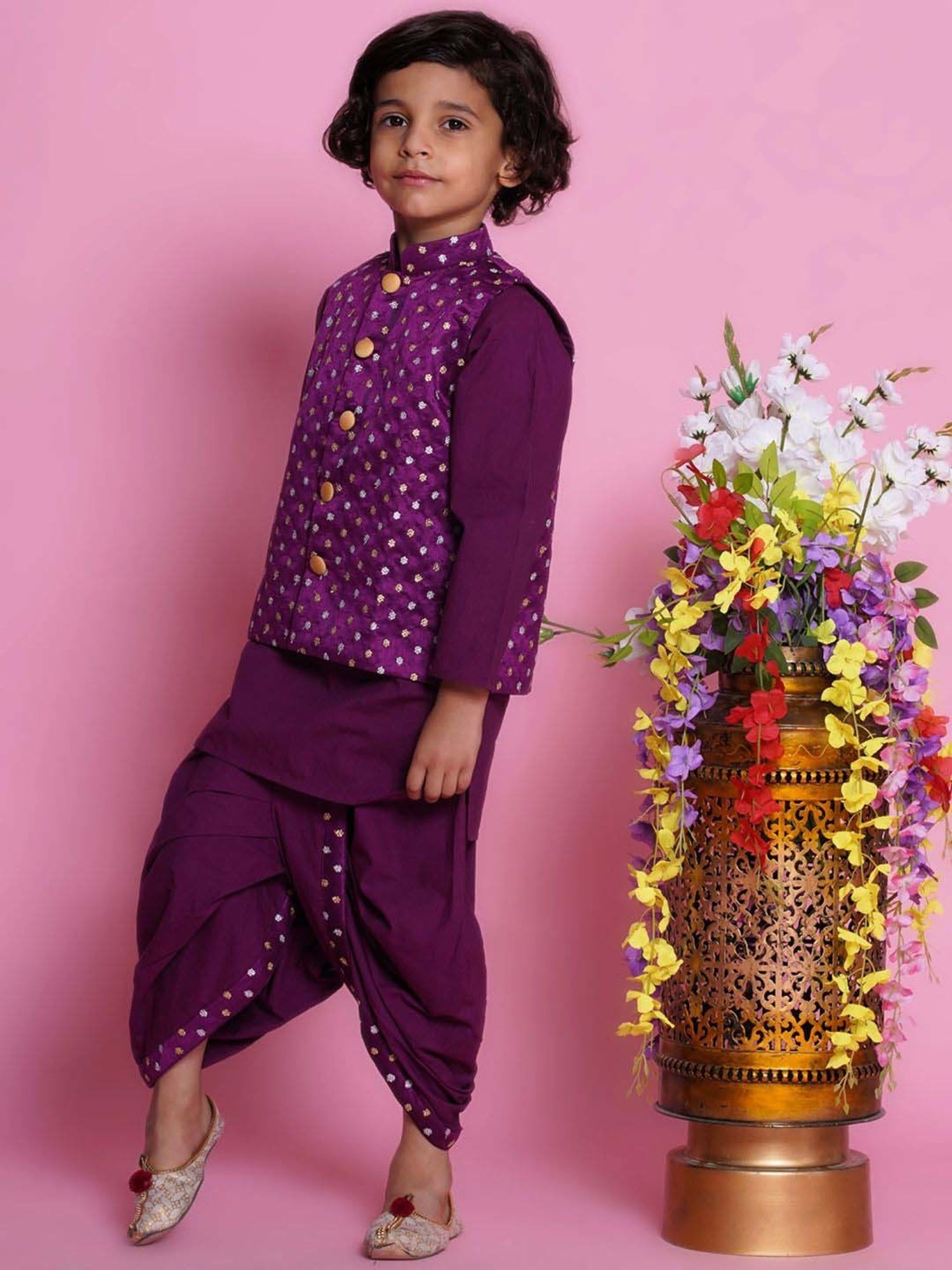 Little Bansi Boys Purple Cotton Self Full Sleeves Kurta Set