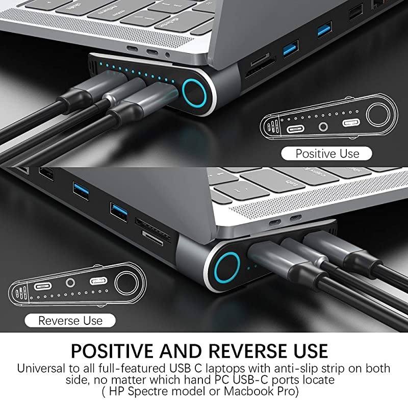 Dual Monitor USB C Laptop Docking Station with Power OnOff ButtonDual HDMI and DisplayPort and VGA Outputs Gigabit Ethernet SDTF Slots2 Female Type C Ports 3 USB A Ports