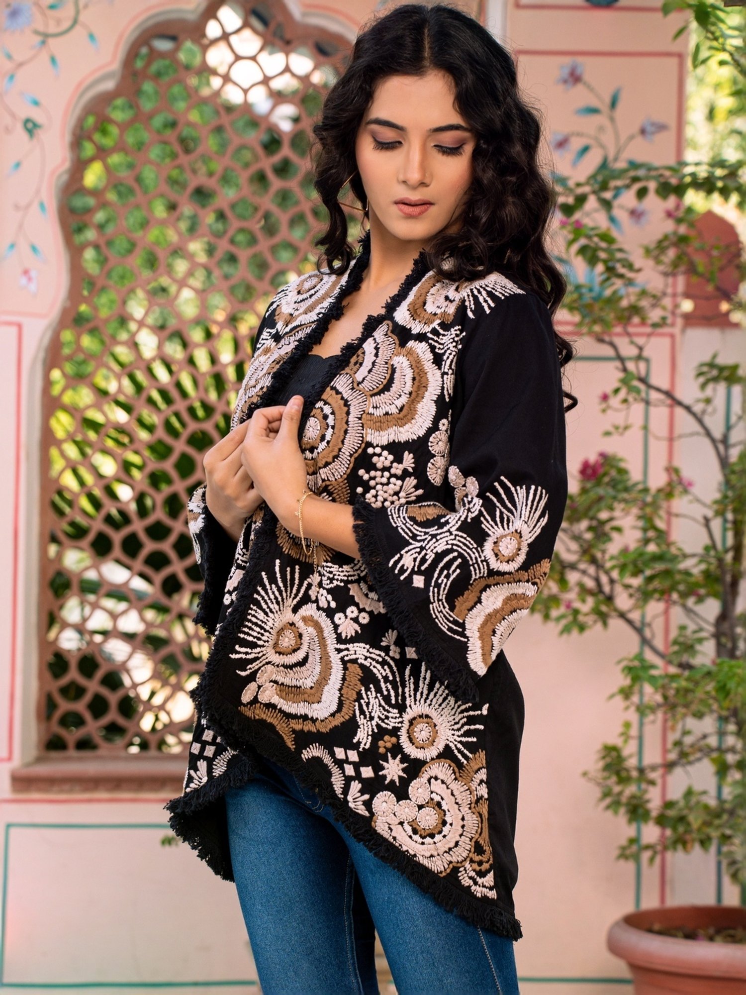 Zolo Label Black Cotton Embroidered Jacket