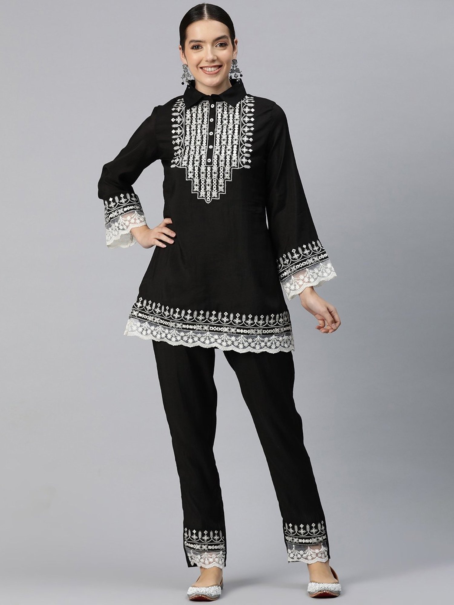 READIPRINT FASHIONS Black Embroidered Tunic Pant Set