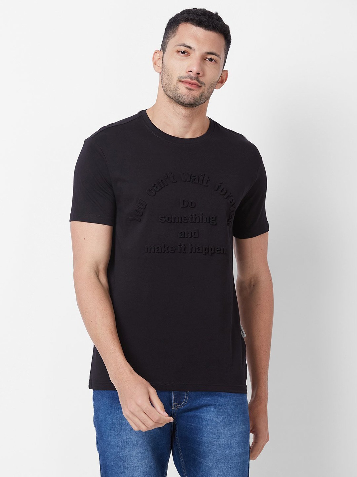 Giordano Black Cotton Slim Fit Self Pattern T-Shirt