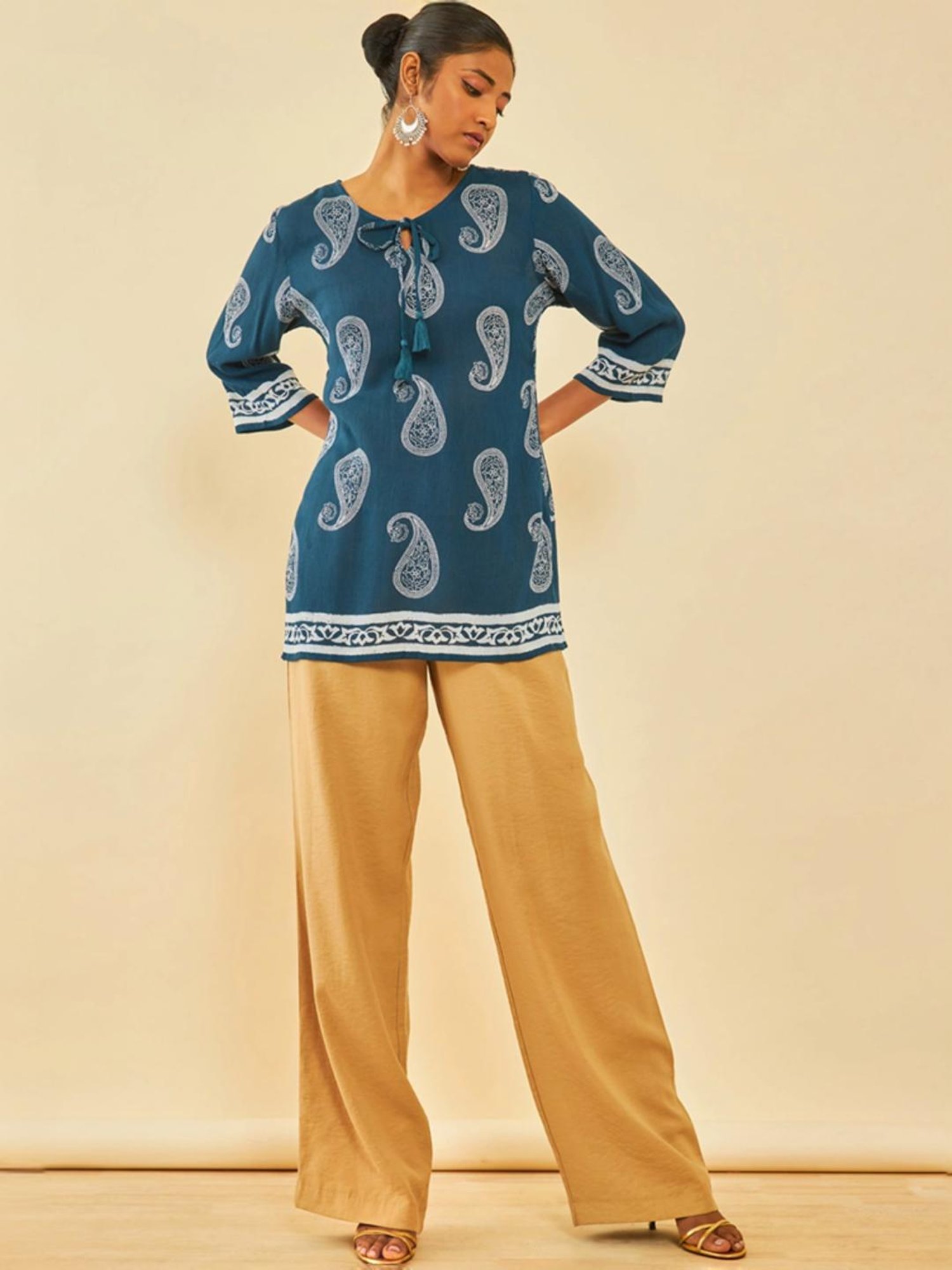 Soch Blue Crepe Paisley Printed Tunic With Tassels