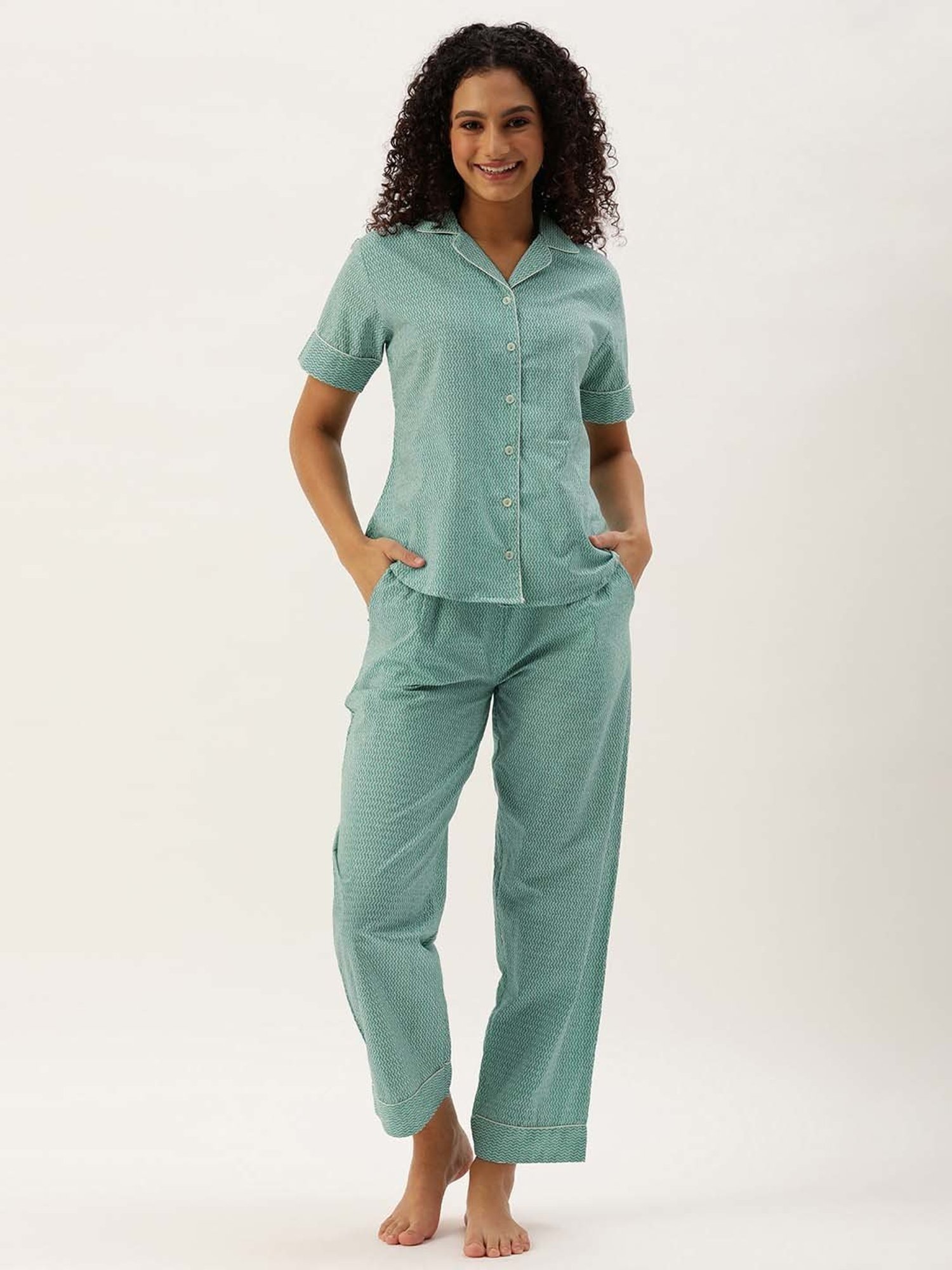 Amukti Green Printed Shirt With Lounge Pants