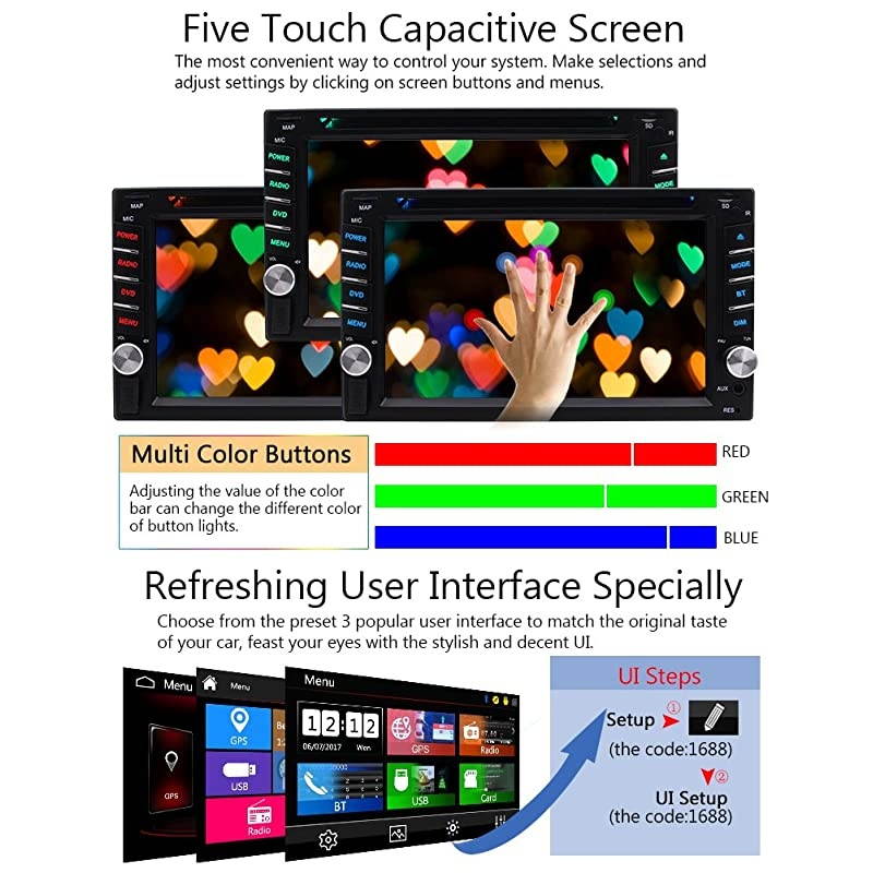 Din Car Stereo GPS Navigation System DVD Player Bluetooth 2 Din Car Radio Capacitive Touch Screen + Free Backup Camera Support SWC USB SD 1080P Wireless Remote Control Car Logo Multi Language
