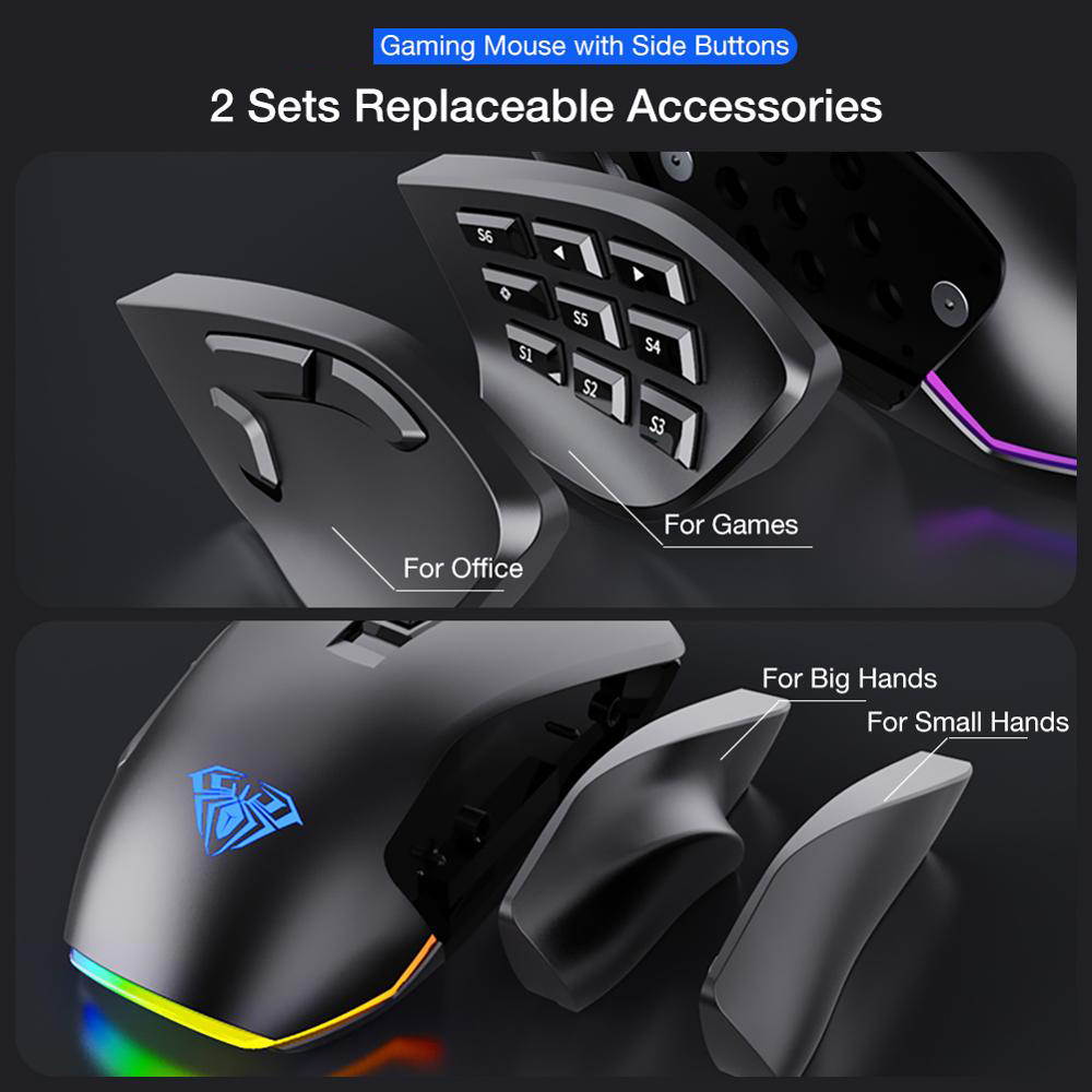 Wired RGB Gaming Mouse with 14-Programmable-Buttons, 4 Interchangeable Side Plate, 10000 DPI Optical Sensor Ergonomic Mouse for Laptop/PC Gamer