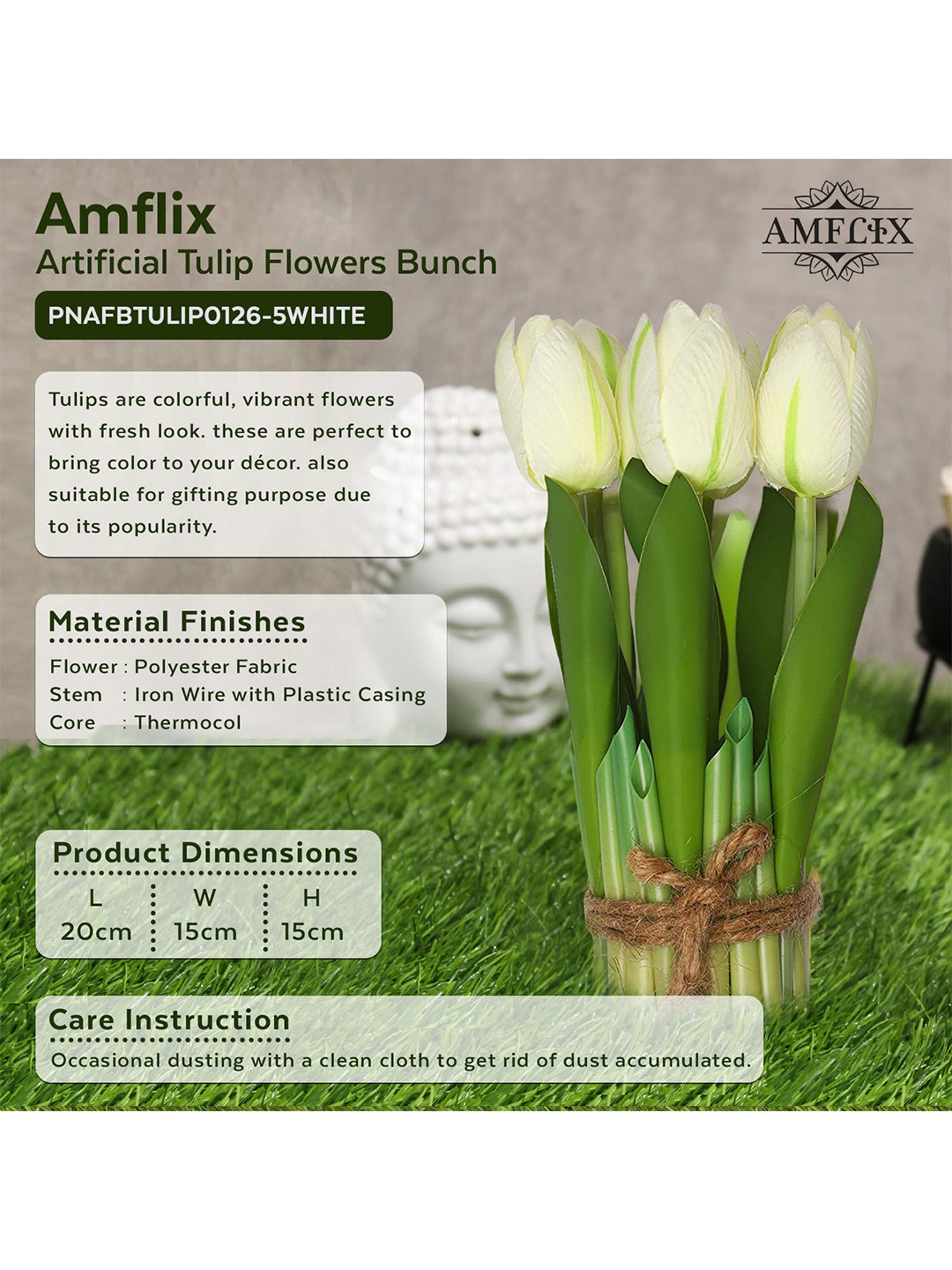 Amflix White Artificial Tulip Flowers Bunch