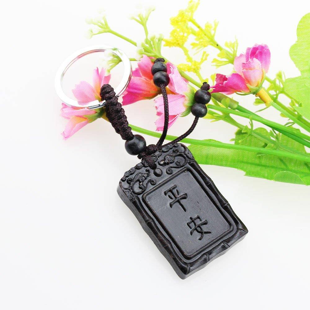 FOY-MALL Chinese Characters Peace Ebony Wood Carved Keychain for Keys M1257