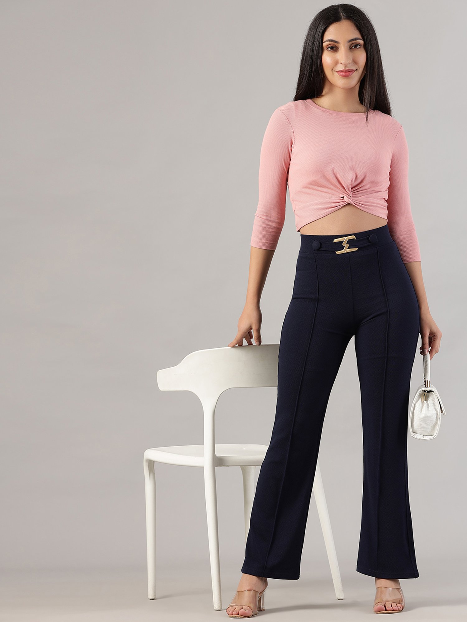 FITHUB Navy Regular Fit High Rise Trousers