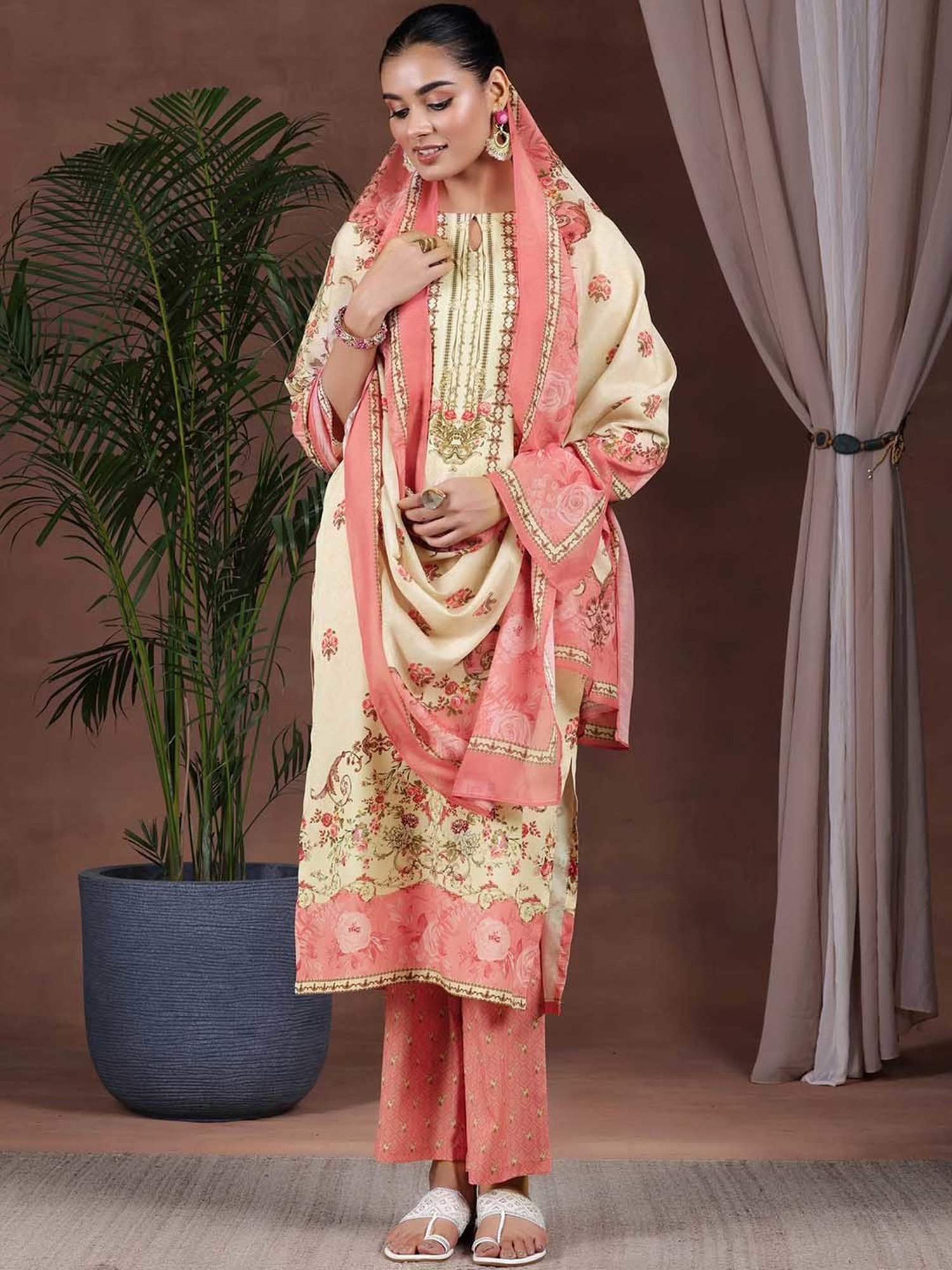 Libas Beige & Pink Floral Print Kurta With Pant & Dupatta