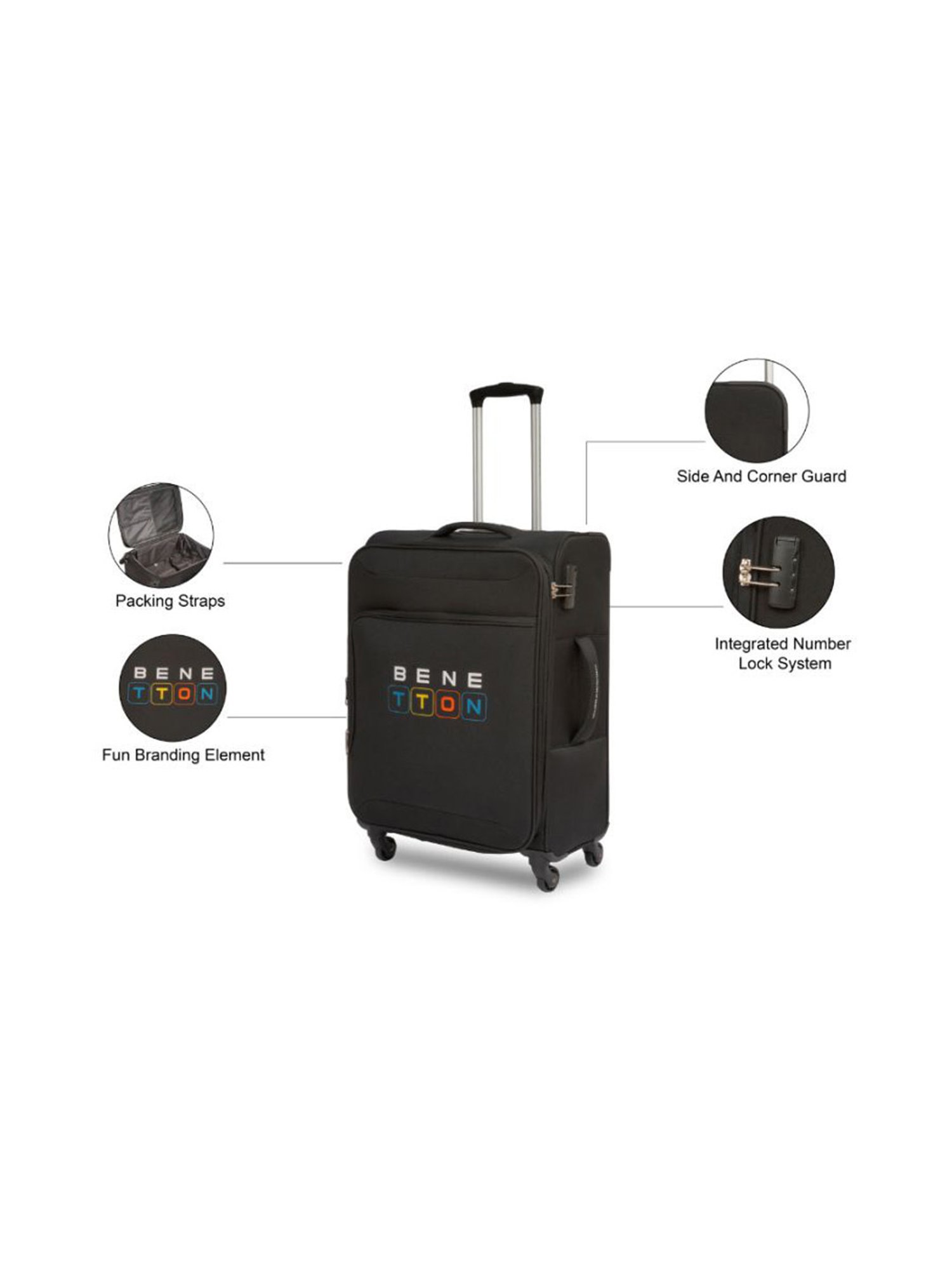 United Colors Of Benetton Macau Black Printed Soft Medium Trolley Bag - 68 Cms