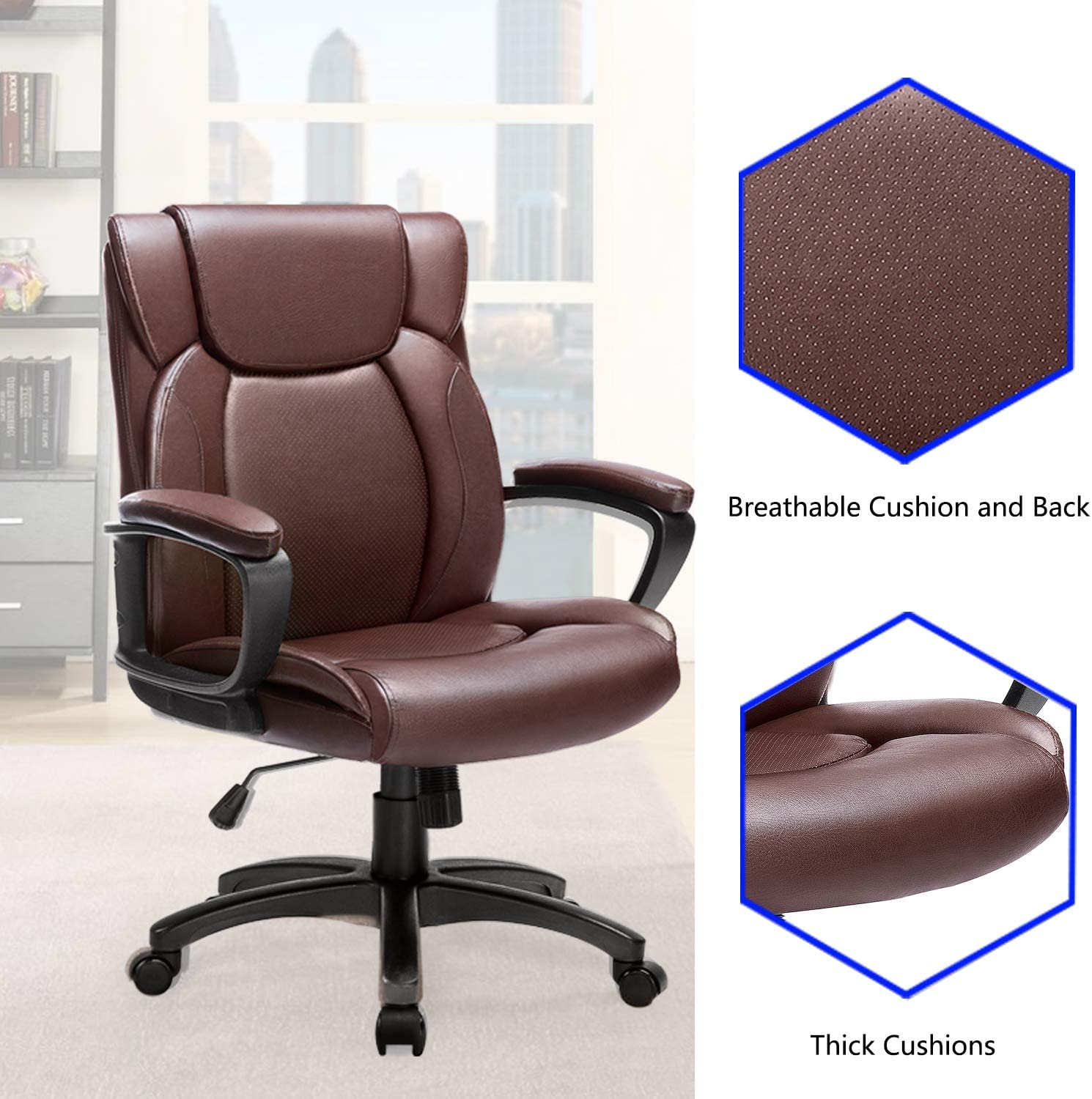 BOSSIN Mid-Back Executive Office Chair Leather Computer Desk Chair with Armrest,Swivel Ergonomic Task Chair with Lumbar Support,Thick Padded Rolling Chair for Adults (Mid-Back, Black)