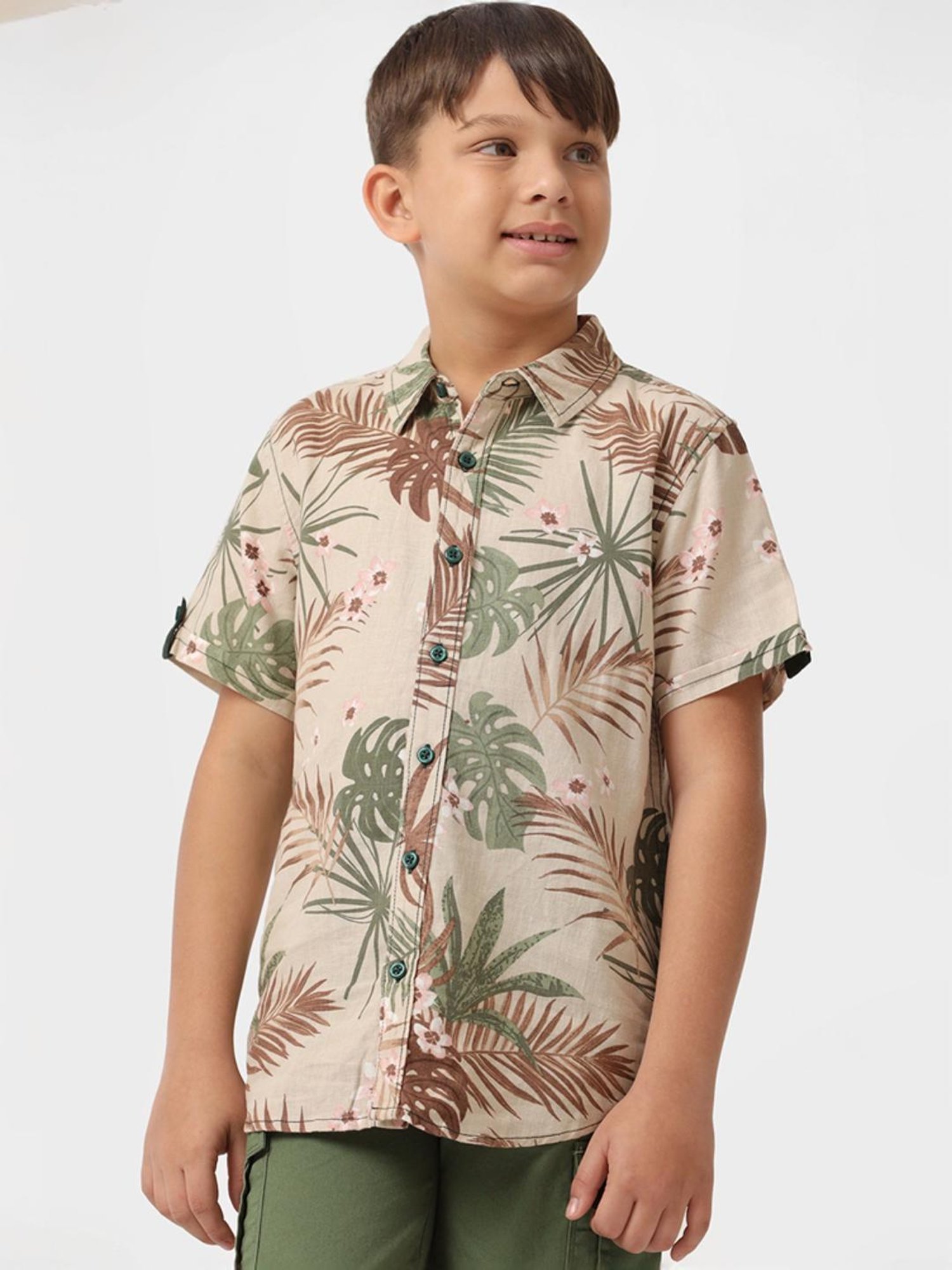 Kate & Oscar Kids Beige & Green Cotton Printed Shirt