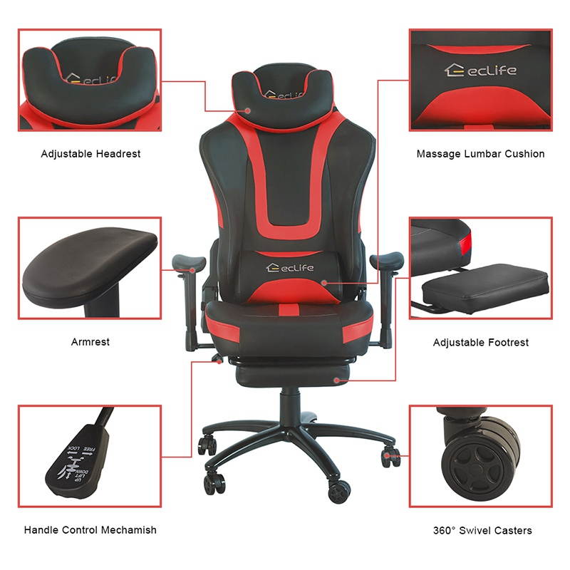 Eclife PC Gaming Chair Massage game chair/ergonomic design/office chair/Racing Style Gaming Chair/provide you with a comfortable game office environment (Red)
