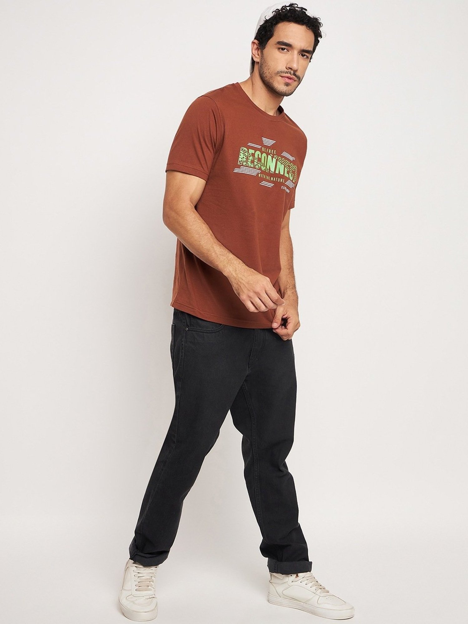 Club York Brown Cotton Regular Fit Printed T-Shirt