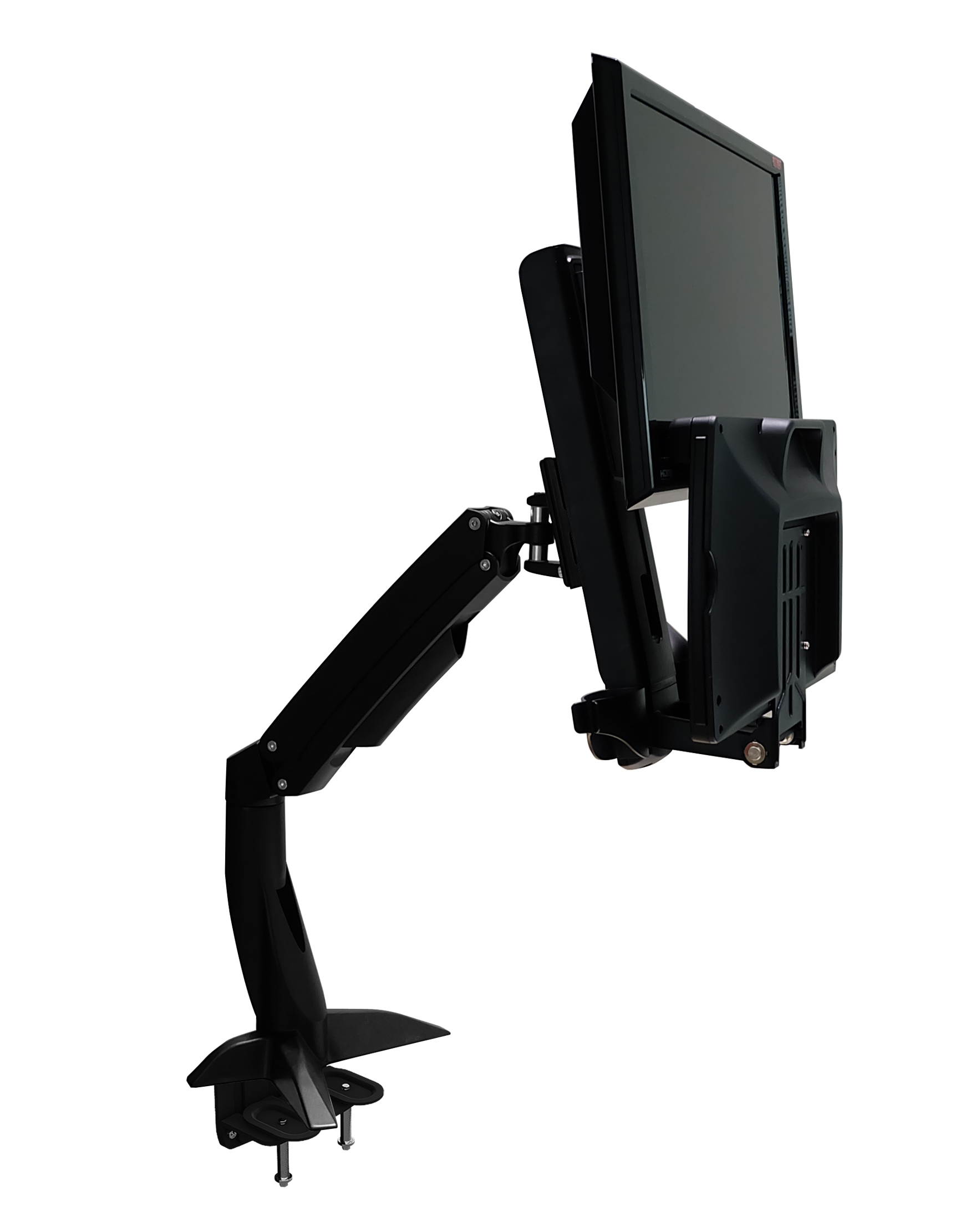 Sit Stand Articulating Arm Clamp Mount. Foldable keyboard tray and retractable mouse pad. Built in holders for Mouse and scanner. Separate monitor adjustments. Supports 24" monitors