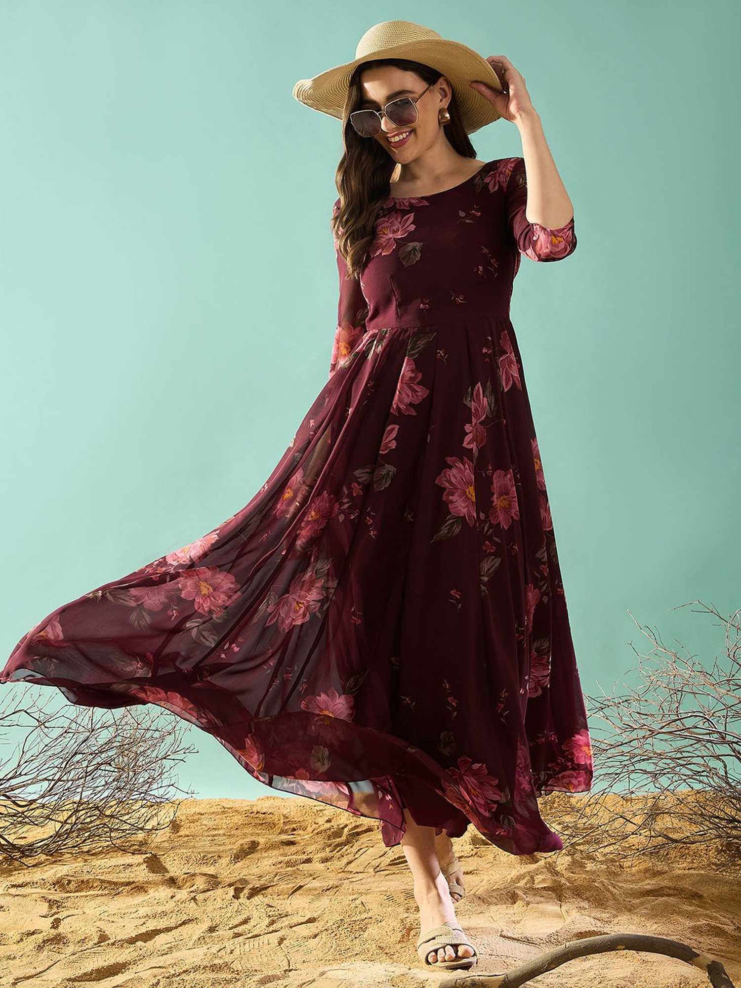 PANIT Maroon Floral Print Ethnic Dress