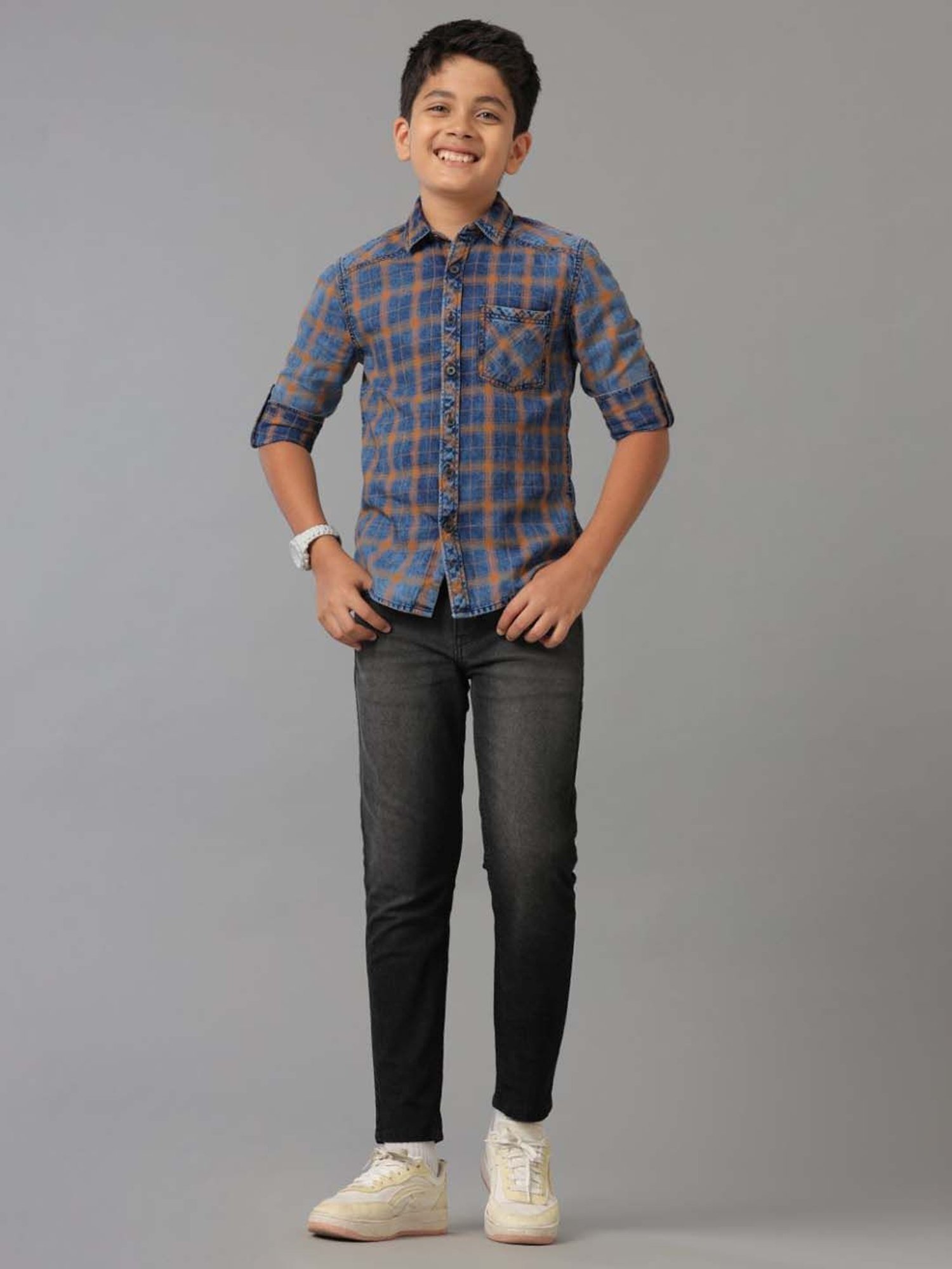 Under Fourteen Only Kids Yellow Checks Cotton Chequered Full Sleeves Shirt