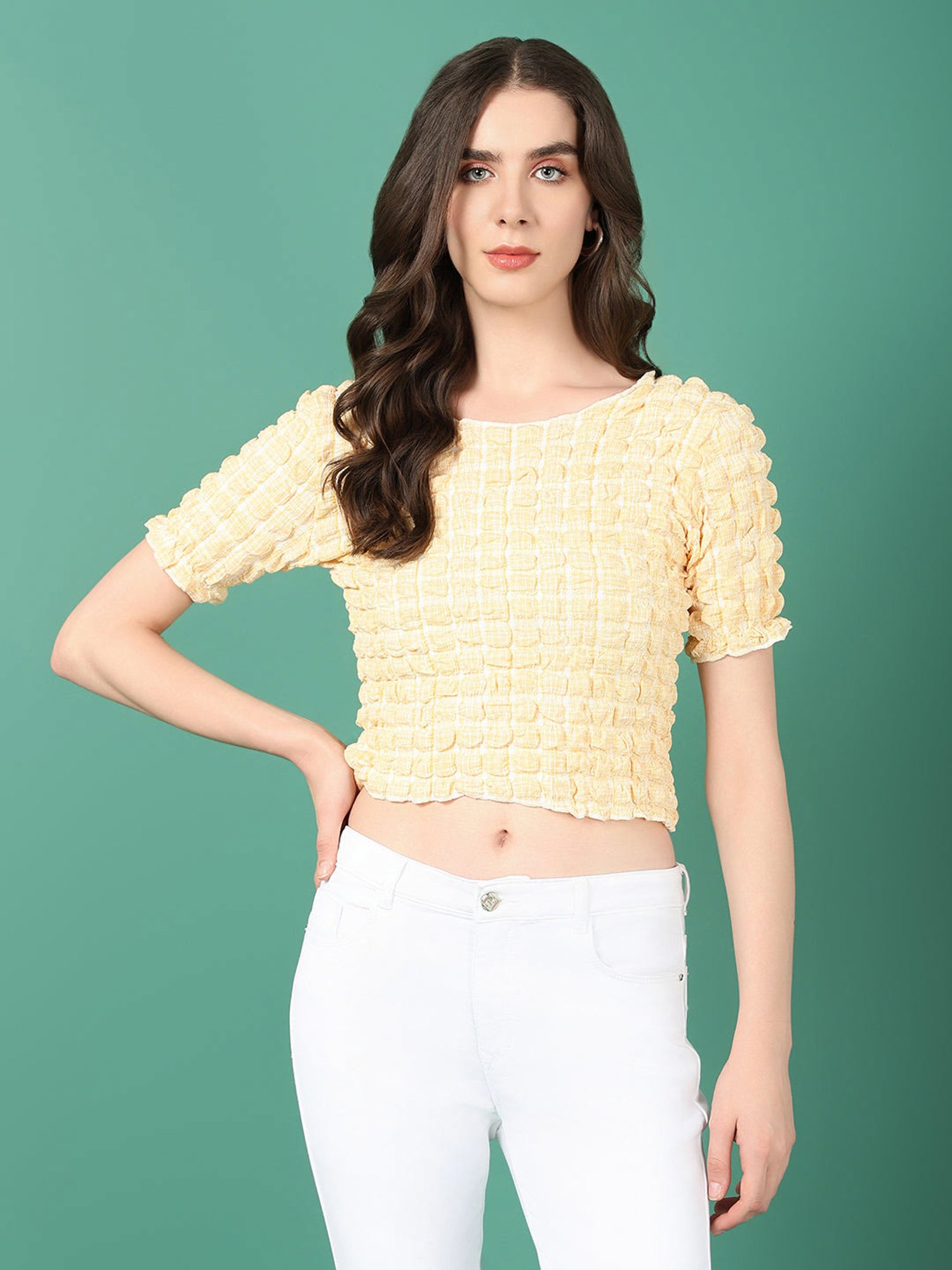 SHOWOFF Yellow Textured Crop Top