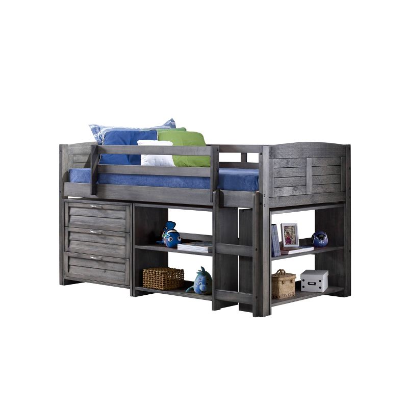 Louver Low Loft Bed with 3 Drawer Chest and Large + Small Bookcase Antique Gray - Donco Kids