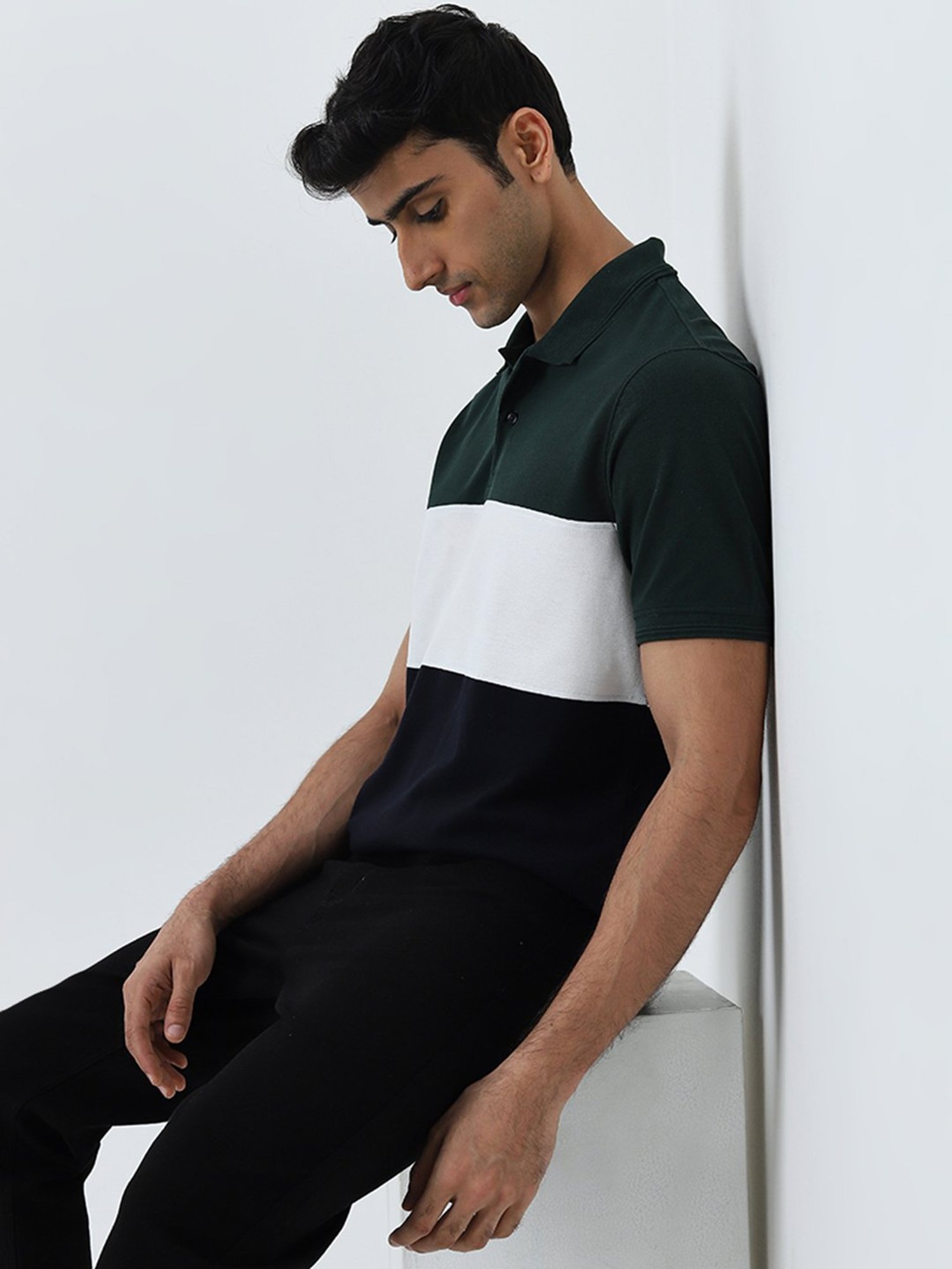 WES Casuals by Westside Dark Green Colour-Blocked Relaxed-Fit T-Shirt