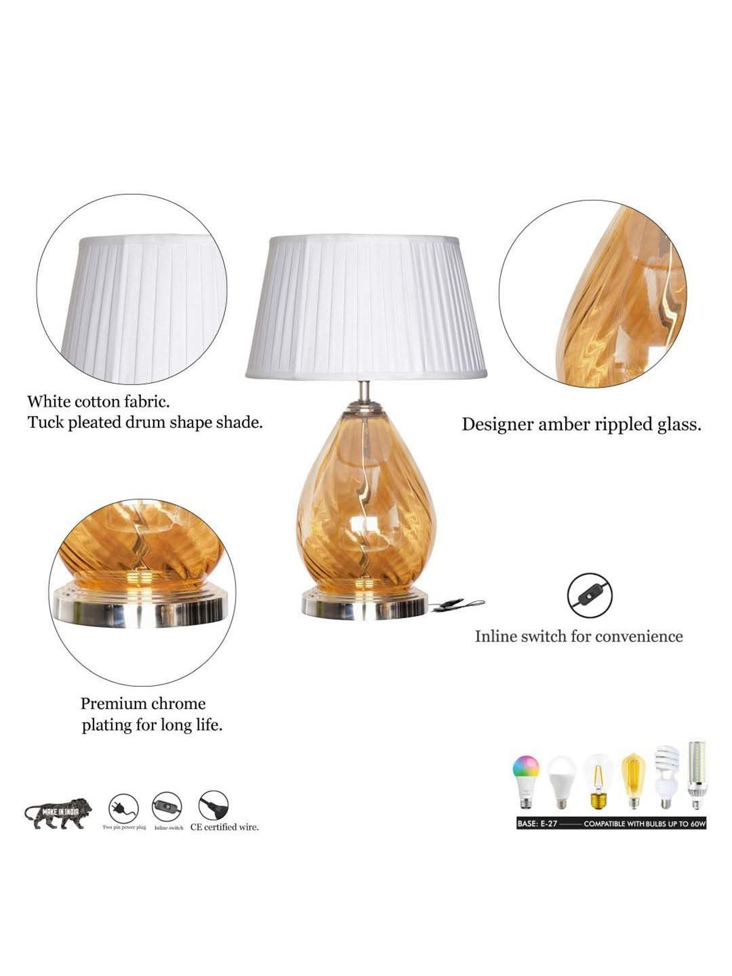Kapoor Lamp Shades Amber & Nickel Glass Decade Table Lamp With Cotton Shade