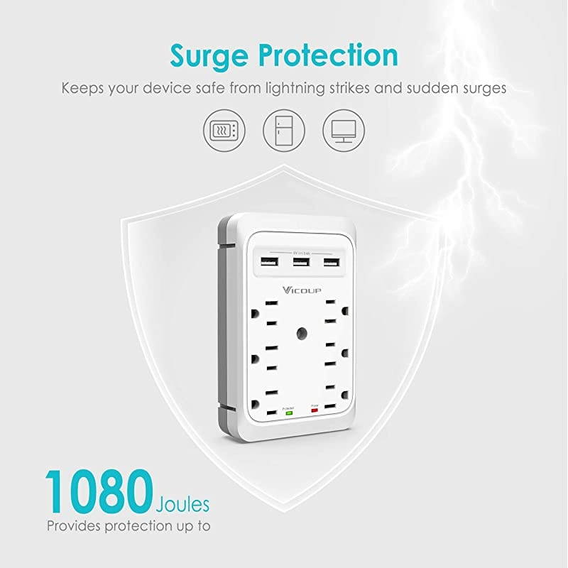 Socket Outlet Shelf  9 Port Multi Plug Wall Outlet Surge Protector 1080J with 3 USB Ports 34A Total and Super Convenient Shelf for Cell Phone Placement VI168