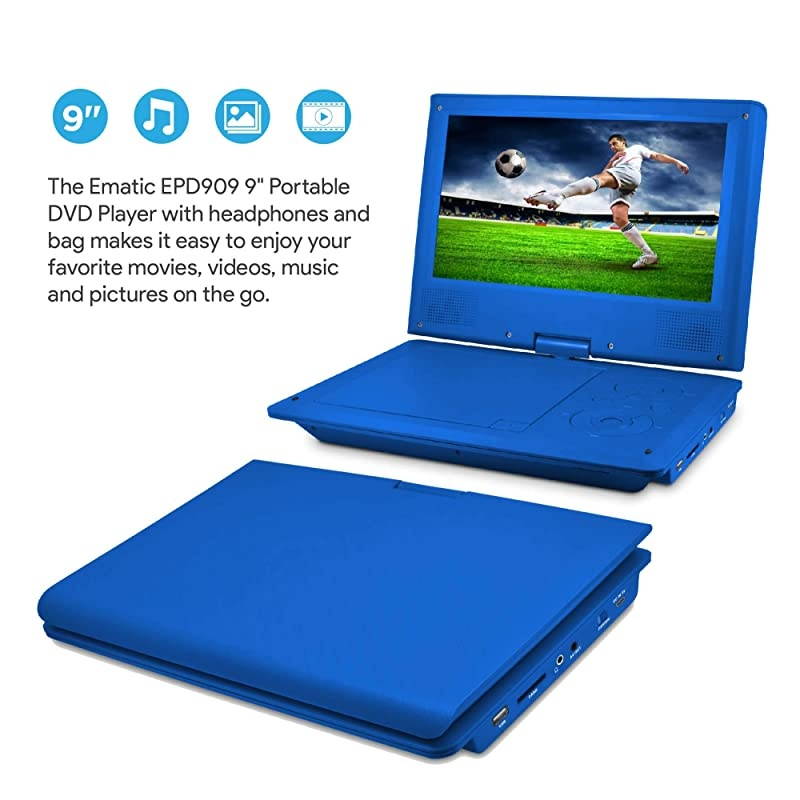Portable DVD Player with 9-inch LCD Swivel Screen, Travel Bag and Headphones, Blue